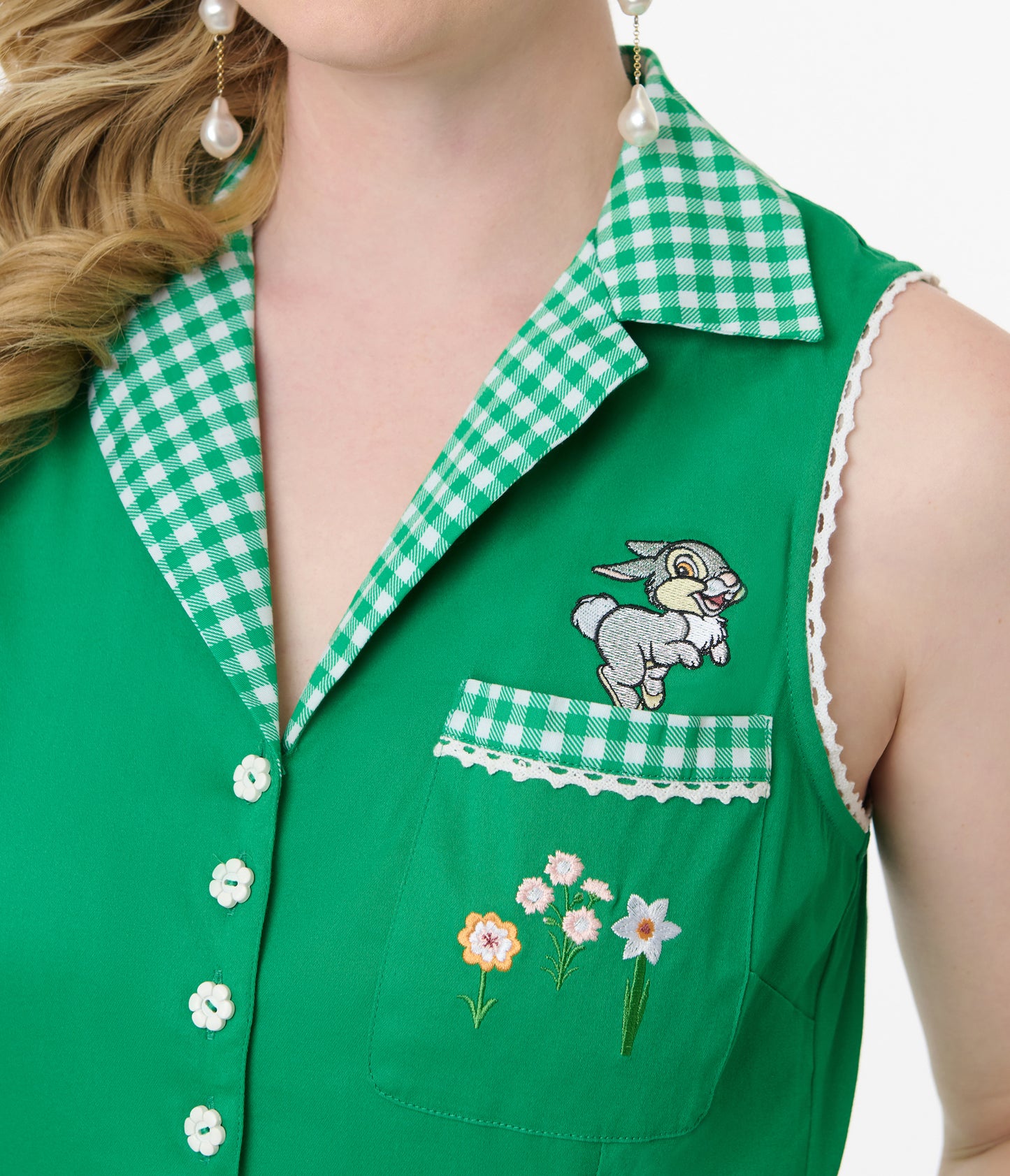 Disney Bambi Collection by Unique Vintage Green Gingham & Embroidered Thumper Romper