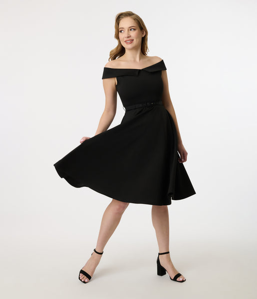 Unique Vintage 1950s Black Off the Shoulder Swing Dress