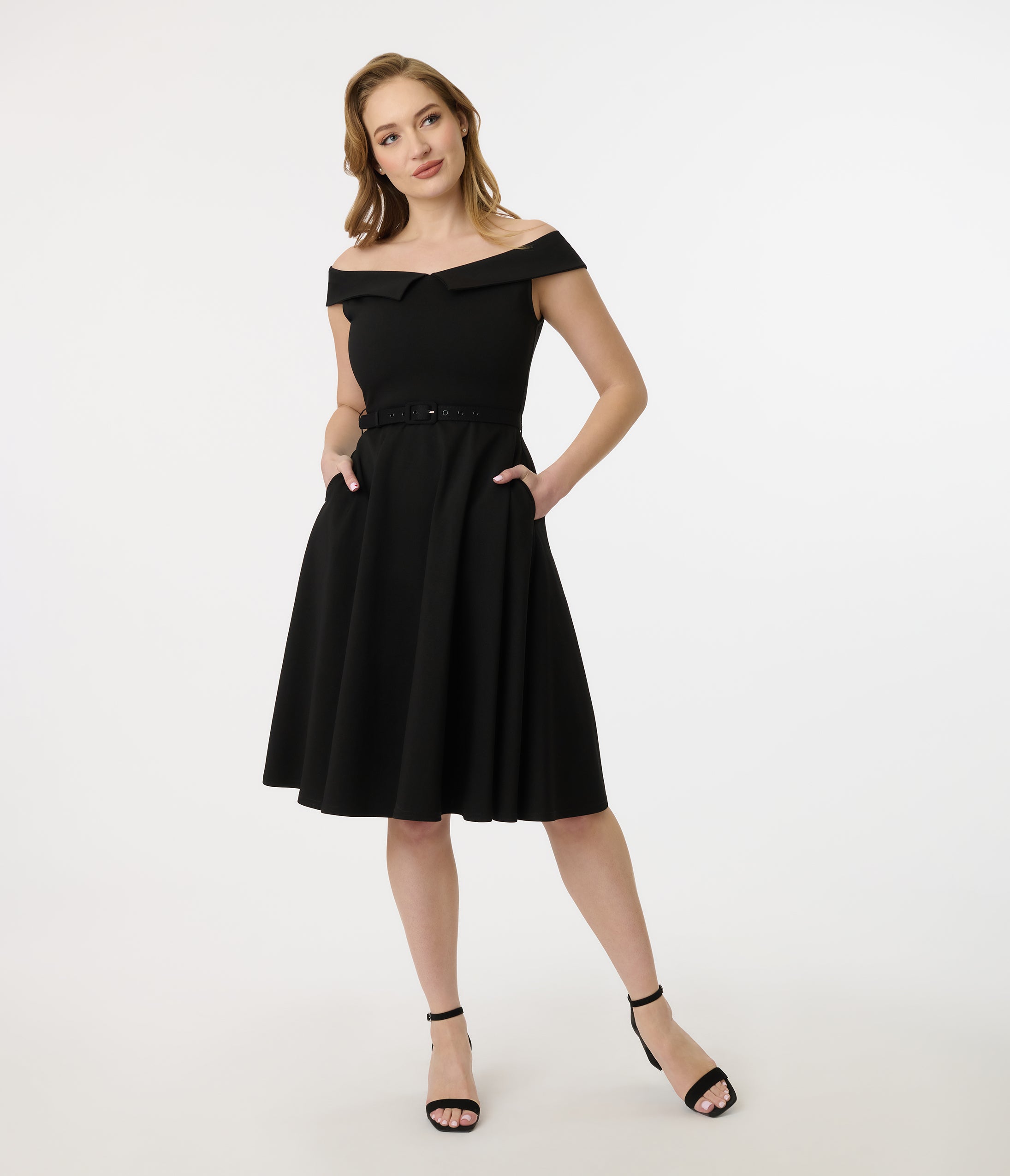 Unique Vintage 1950s Black Off the Shoulder Swing Dress