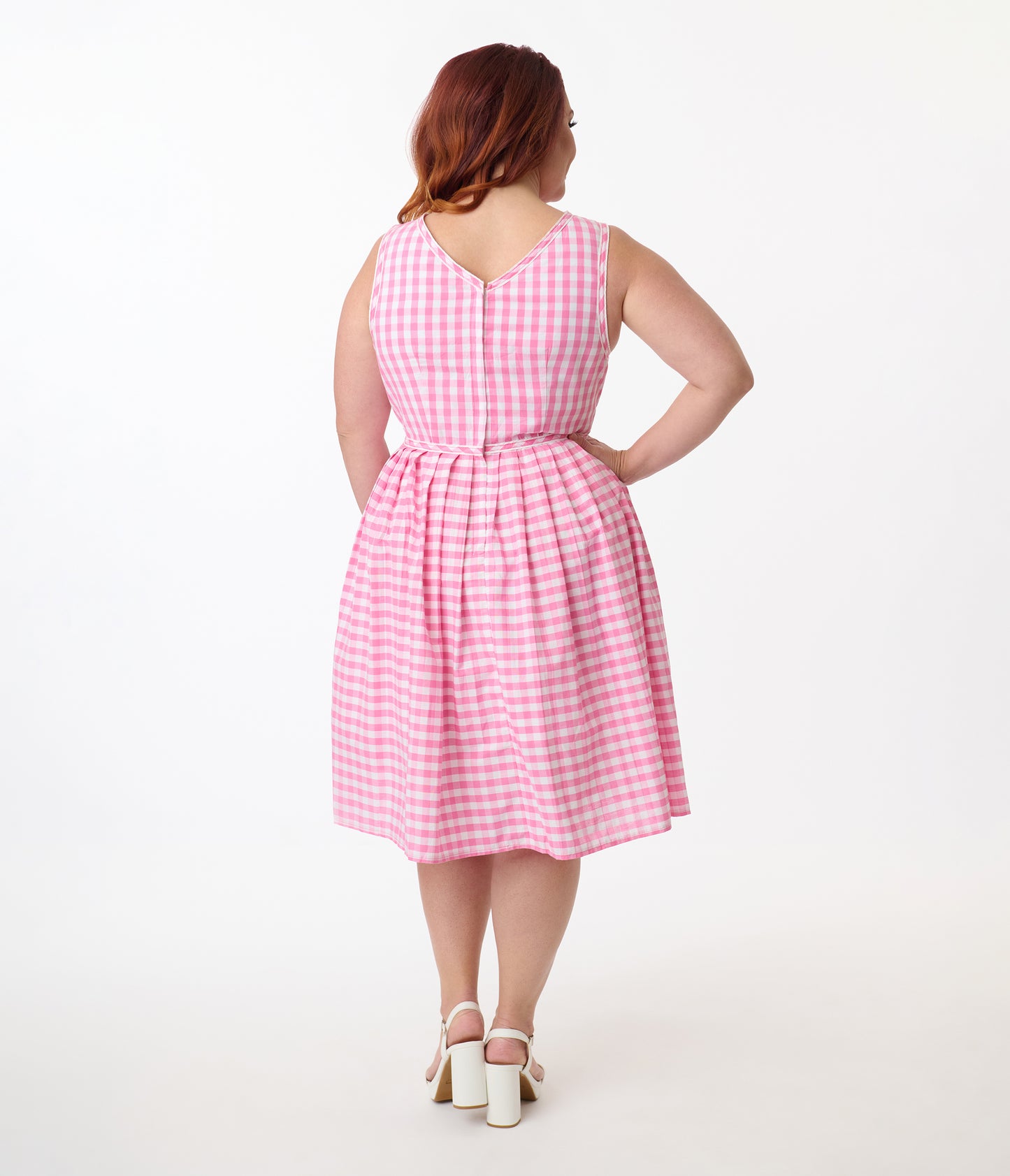 Unique Vintage Plus Size Pink Gingham Picnic Weave Swing Dress