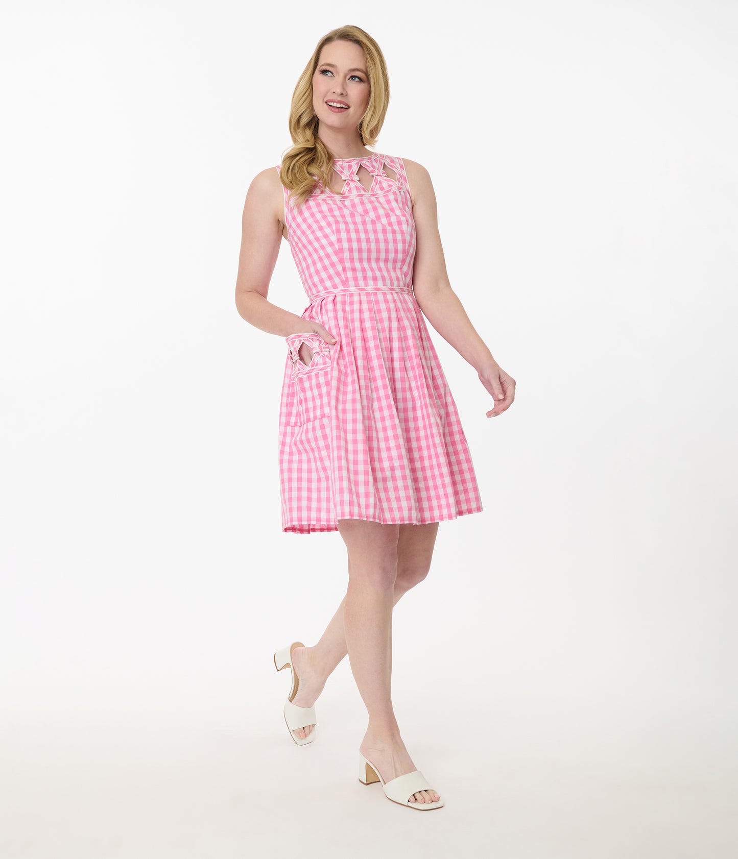 Unique Vintage Pink Gingham Picnic Weave Swing Dress
