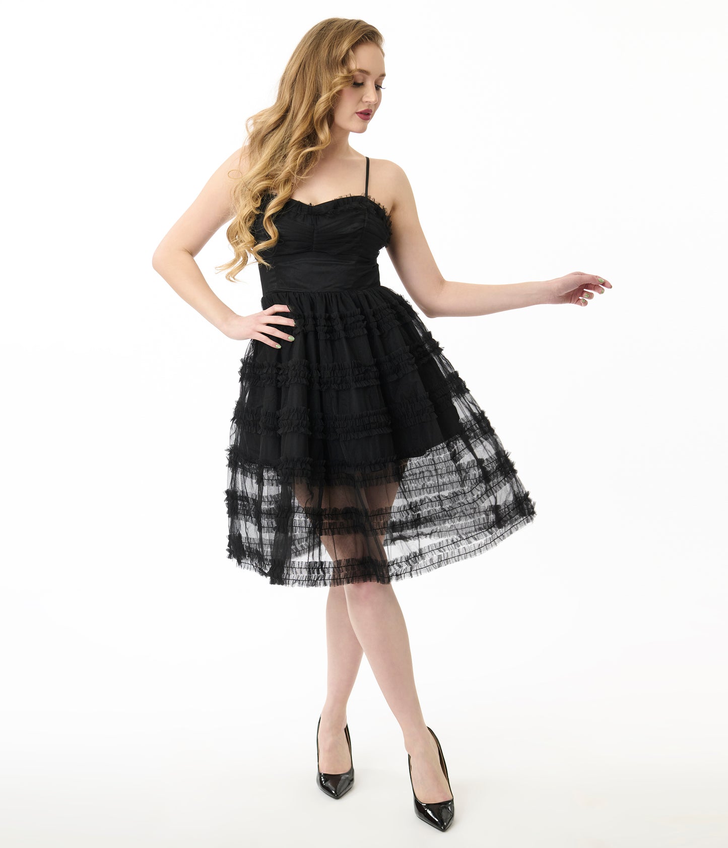 Unique Vintage Black Tiered Sheer Midi Dress