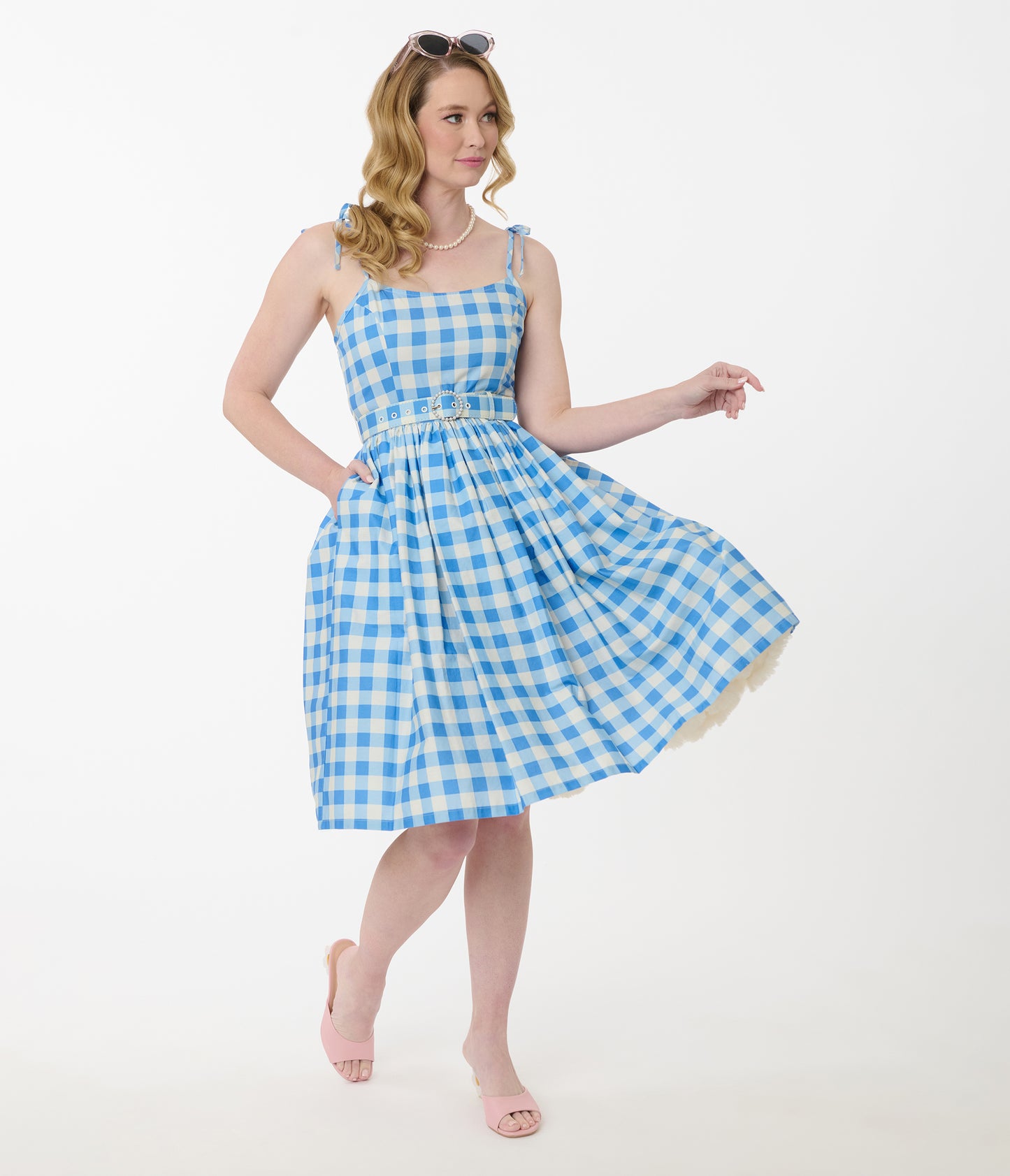 Unique Vintage Blue & White Gingham Bobbie Swing Dress