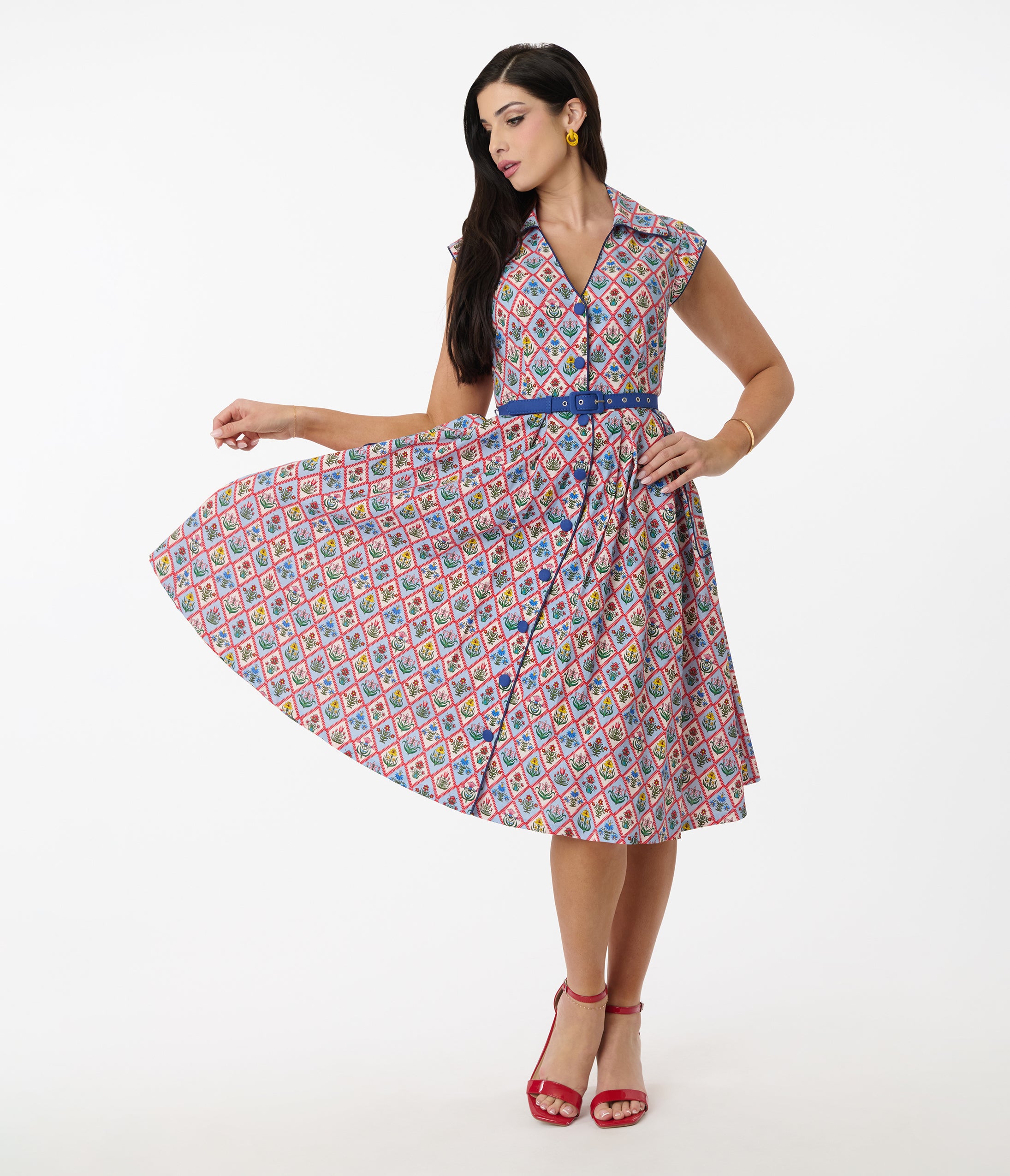 blue floral swing dress Presley Patchwork Floral Swing Dress – The Swank Company main image 1