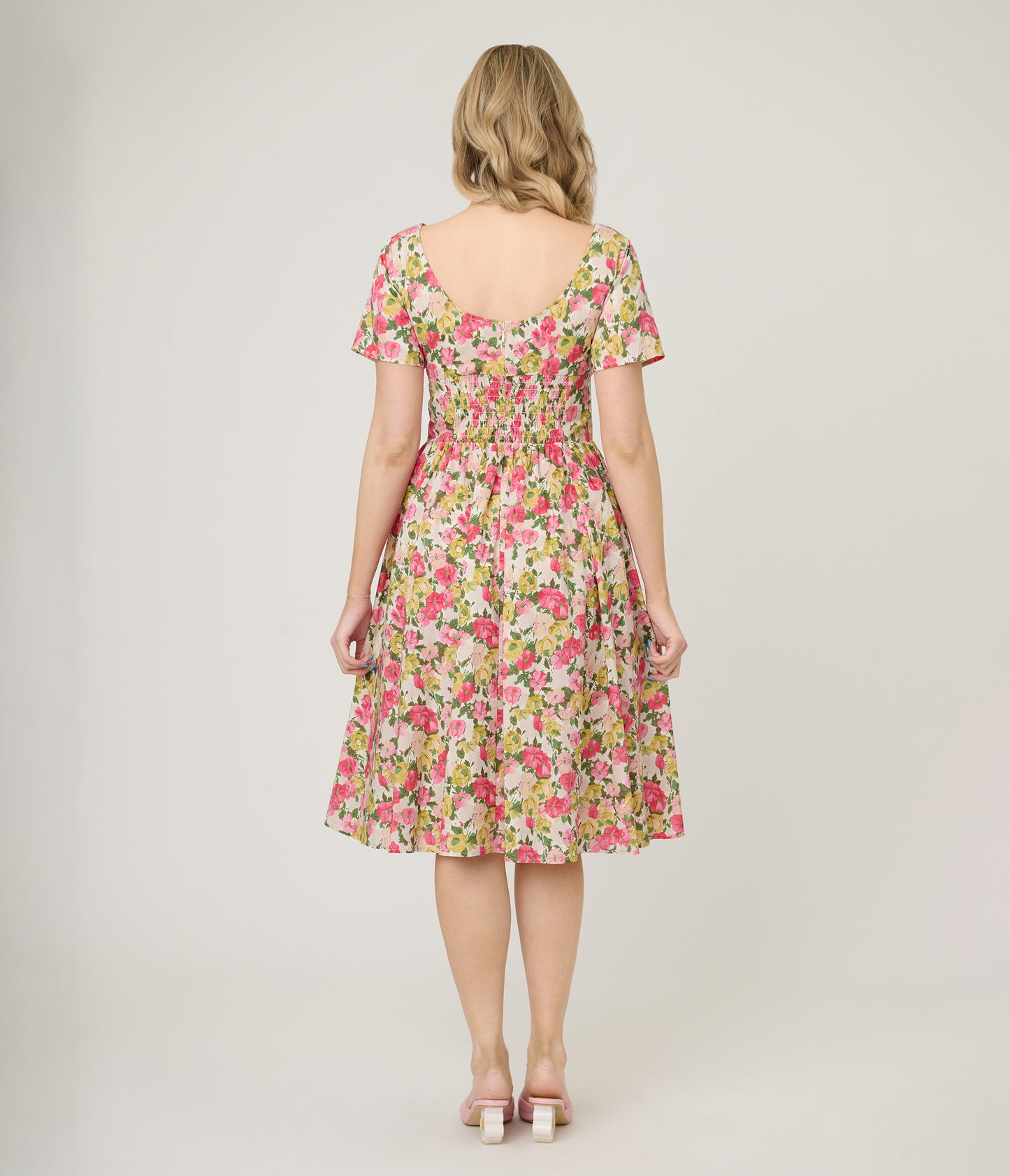 Unique Vintage Yellow & Pink Floral Cotton Swing Dress