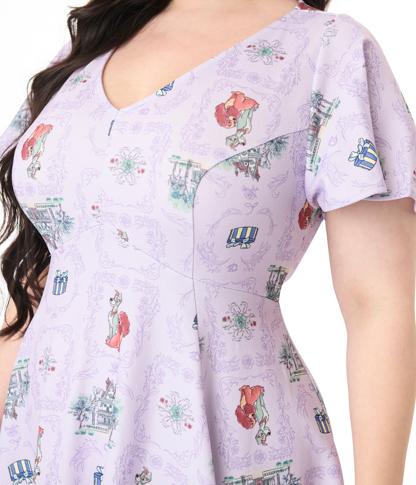 Disney's The Lady & The Tramp Collection by Unique Vintage Plus Size Lavender Lady & Tramp Print Flare Dress