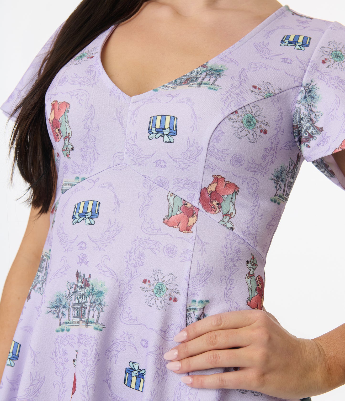 Disney's The Lady & The Tramp Collection by Unique Vintage Lavender Lady & Tramp Print Flare Dress