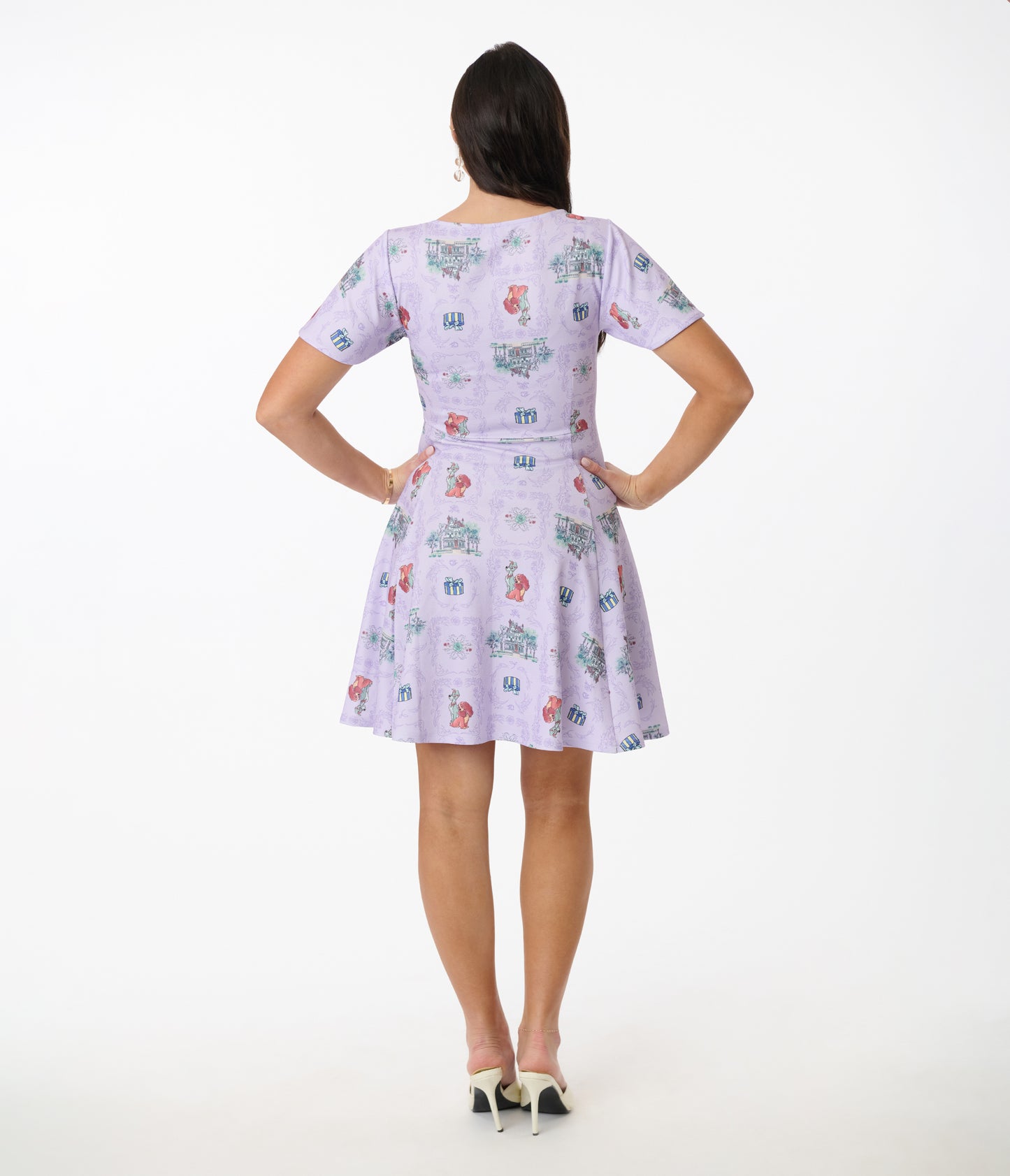 Disney's The Lady & The Tramp Collection by Unique Vintage Lavender Lady & Tramp Print Flare Dress