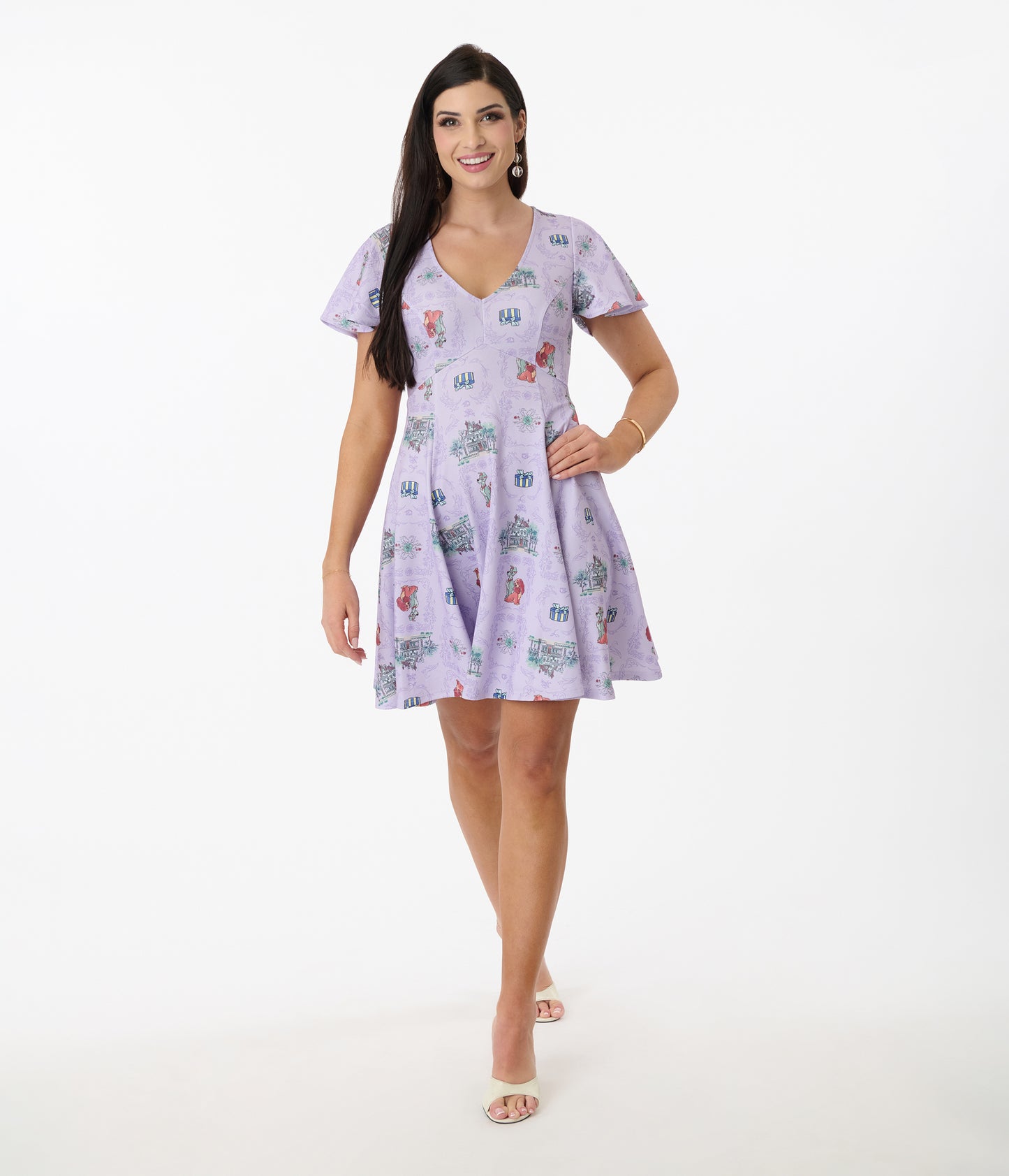 Disney's The Lady & The Tramp Collection by Unique Vintage Lavender Lady & Tramp Print Flare Dress
