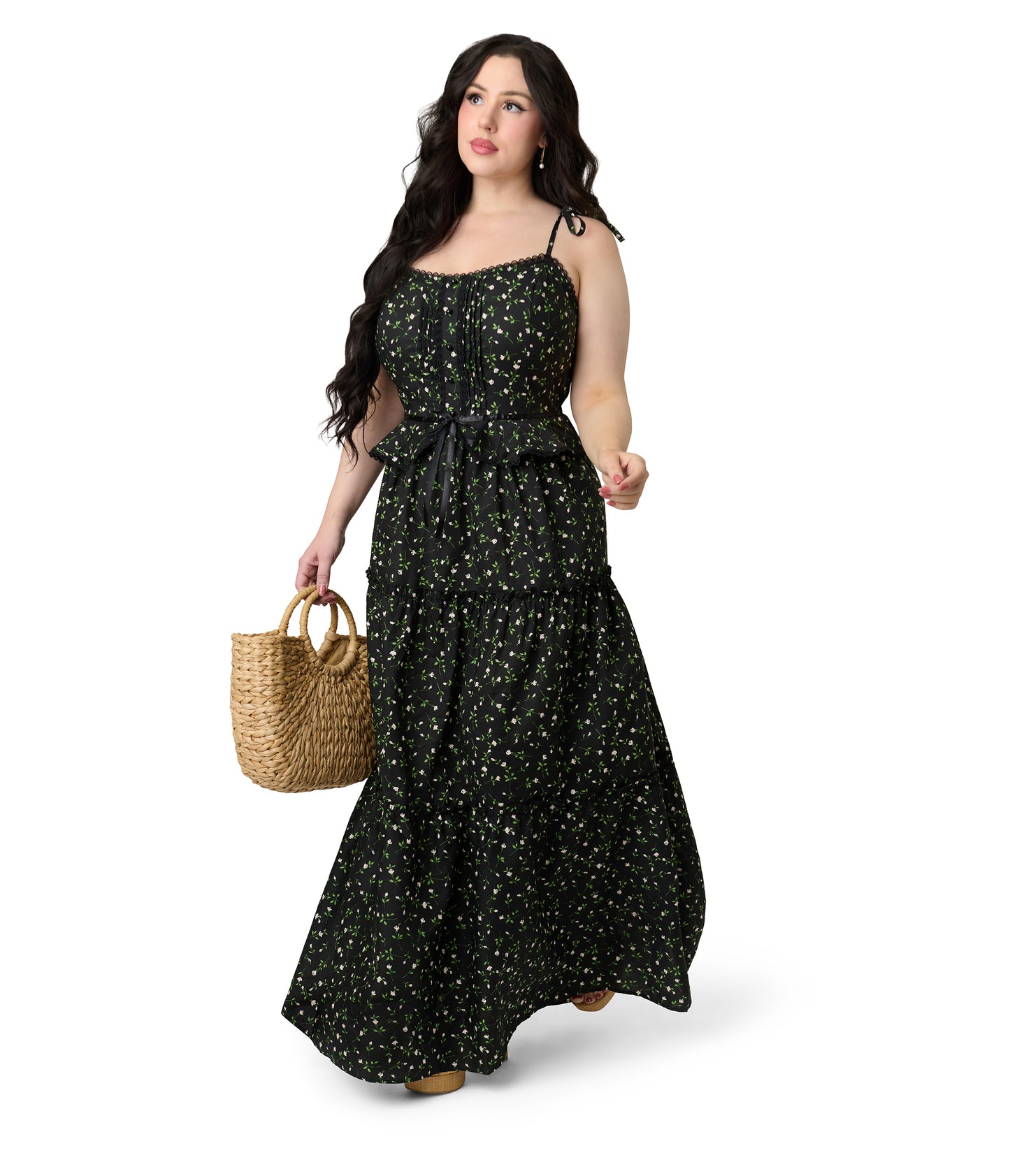 Smak Parlour Plus Size Black Ditzy Floral Shirred Tiered Maxi Dress