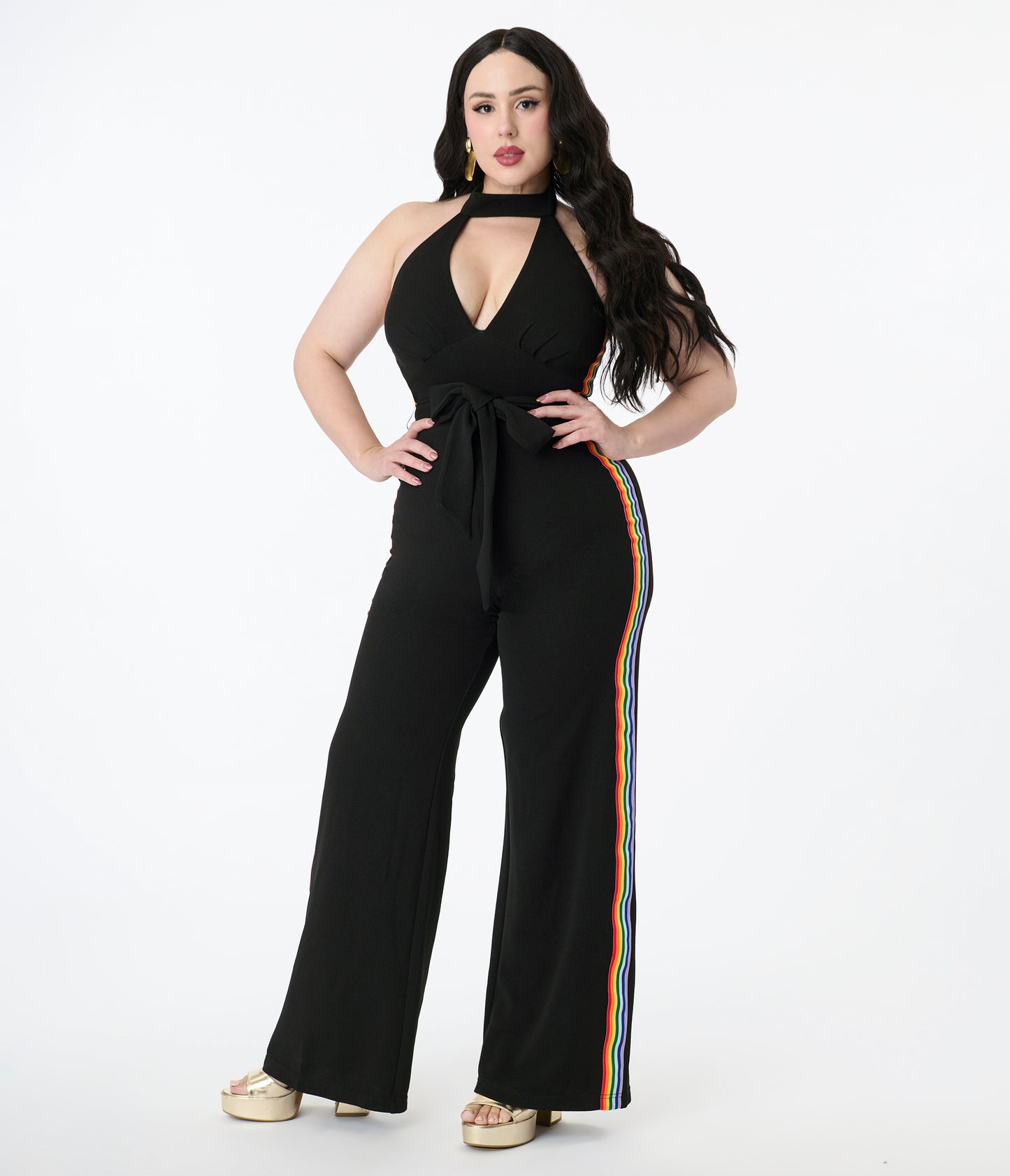 Smak Parlour Plus Size Black Rainbow Stripe Glamour Goddess Jumpsuit