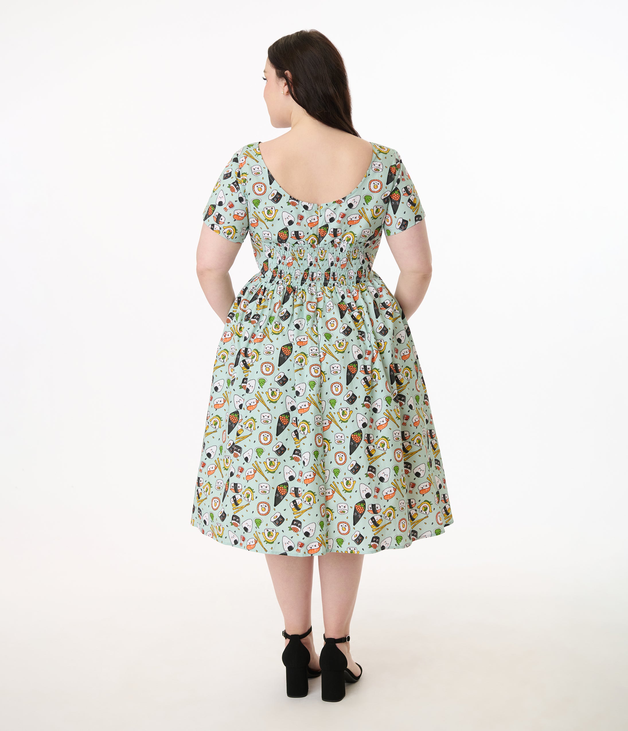 Unique Vintage Plus Size Green Sushi Print Cotton Swing Dress