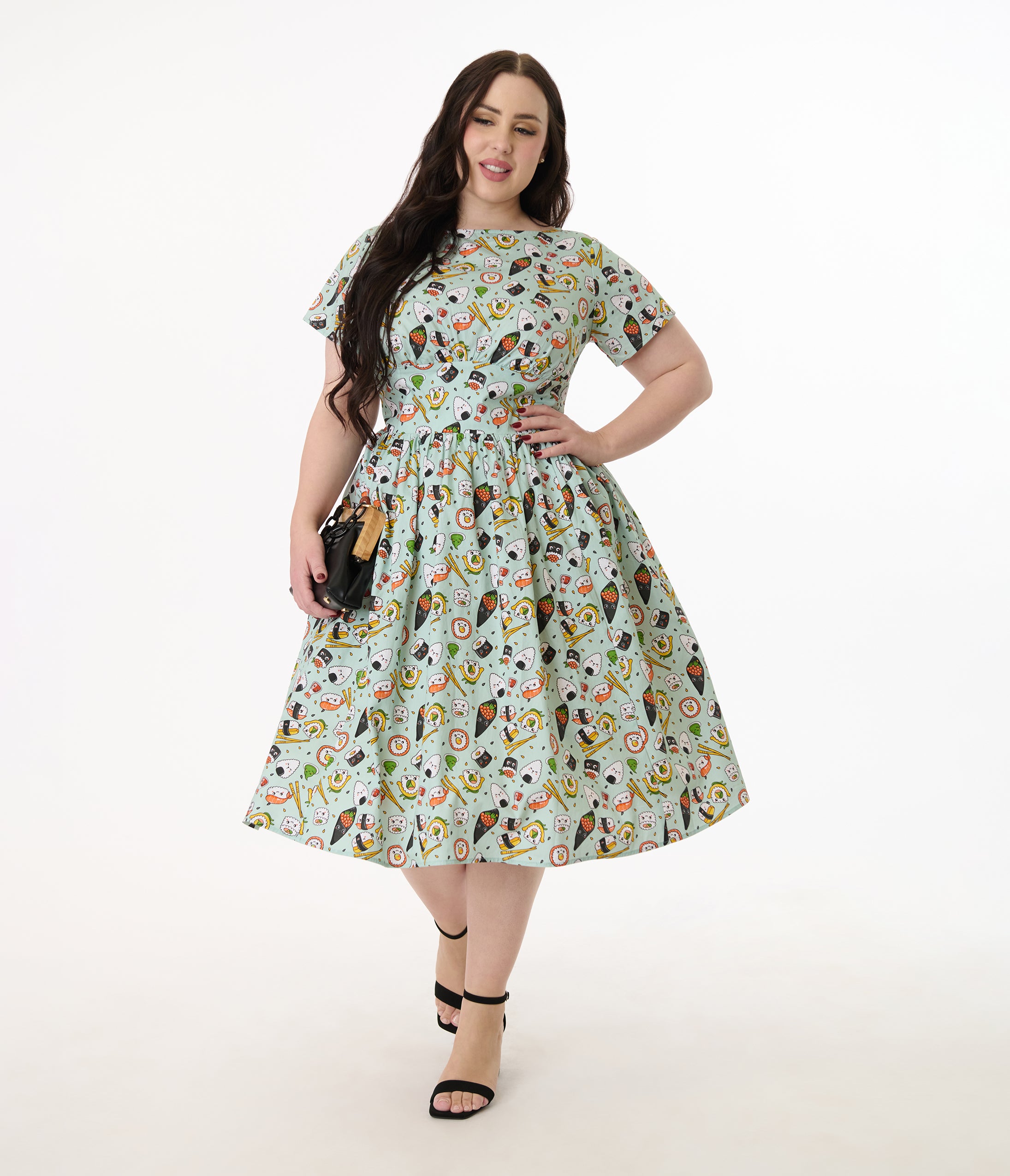 Unique Vintage Plus Size Green Sushi Print Cotton Swing Dress