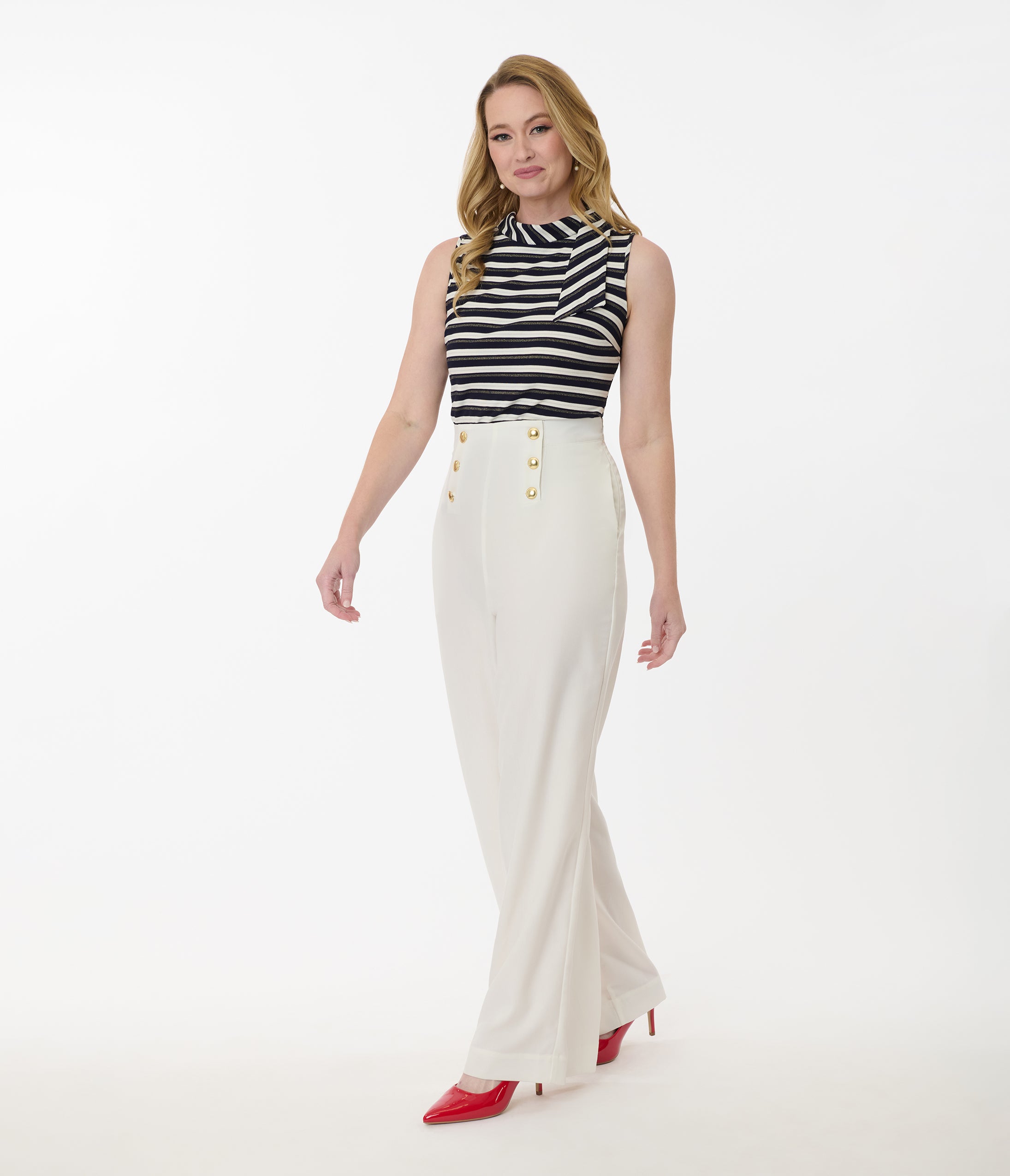 Smak Parlour White & Gold Button Wide Leg Sailor Pants