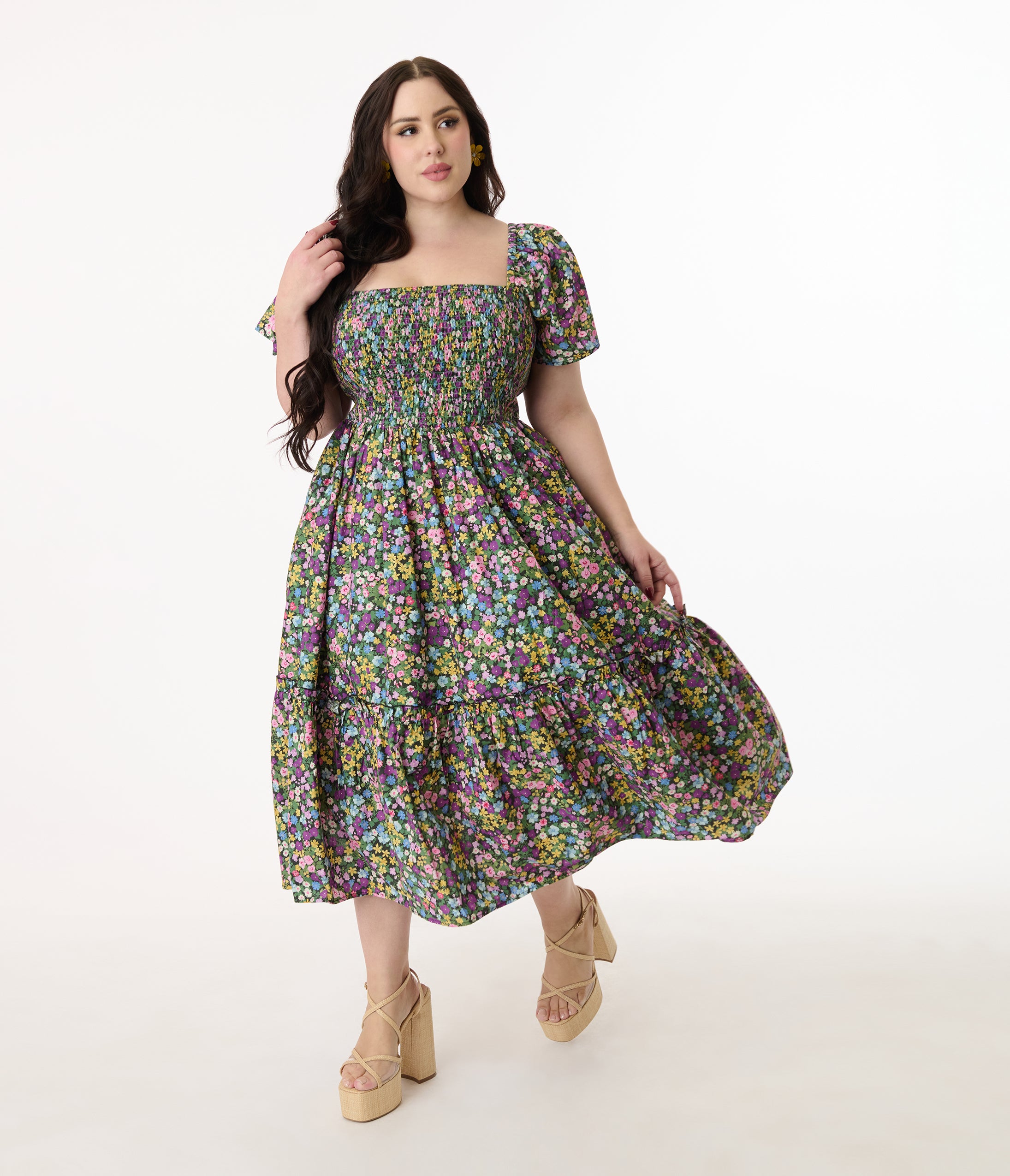 Unique Vintage Plus Size Purple Ditsy Floral Smocked Bodice Midi Dress Unique Vintage Plus Size Purple Ditsy Floral Smocked Bodice Midi Dress