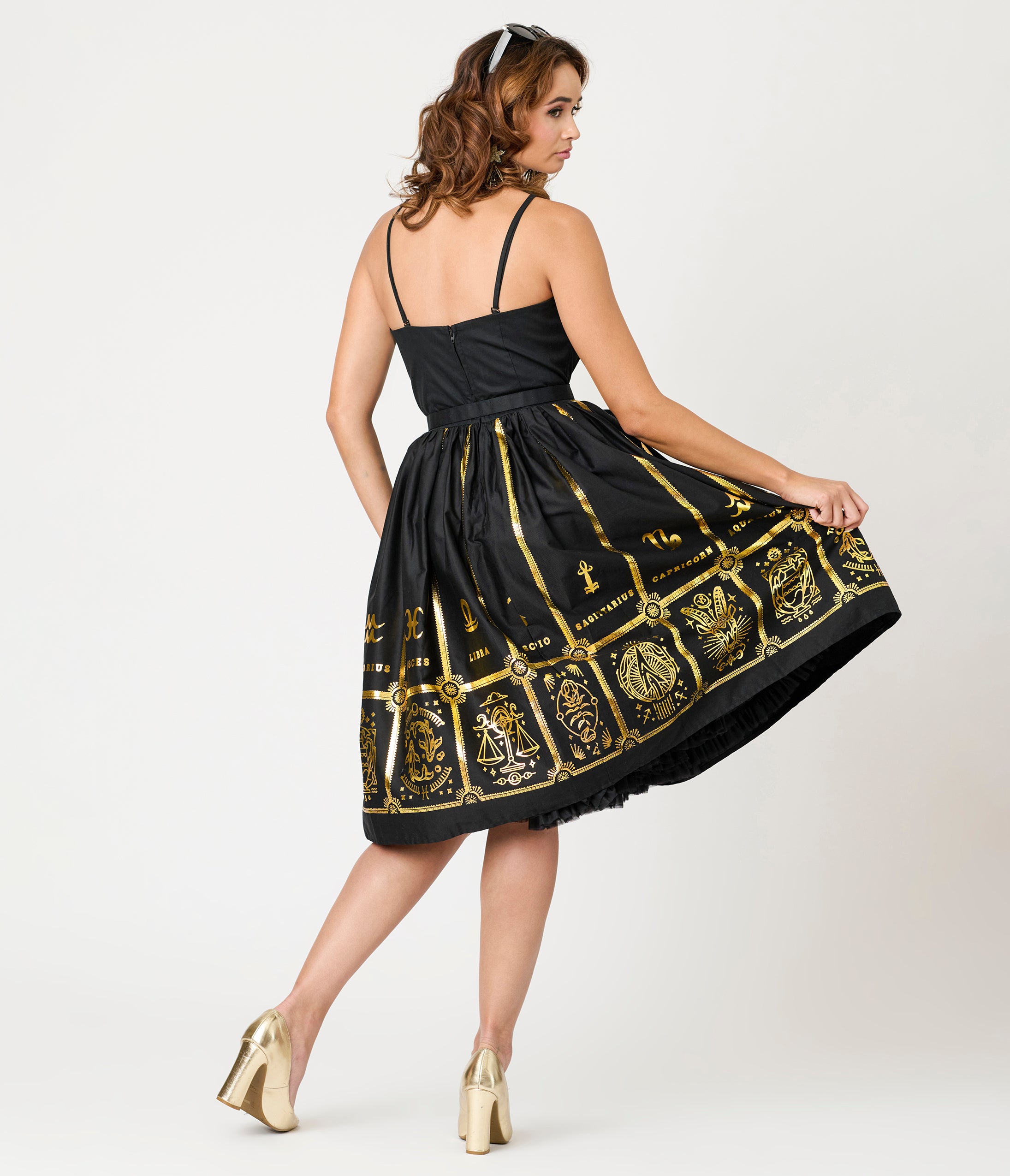 Unique Vintage Black & Gold Astrological Chart Sweetheart Halter Swing Dress