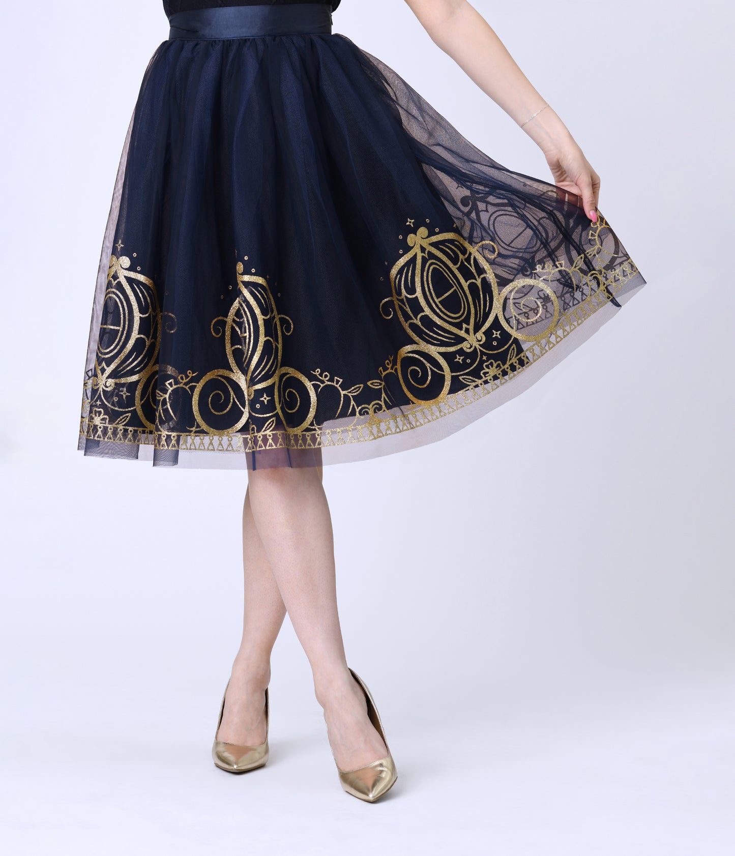 Disney's Cinderella Collection by Unique Vintage Navy Flocked Tulle & Gold Glitter Cinderella Carriage Ballerina Skirt
