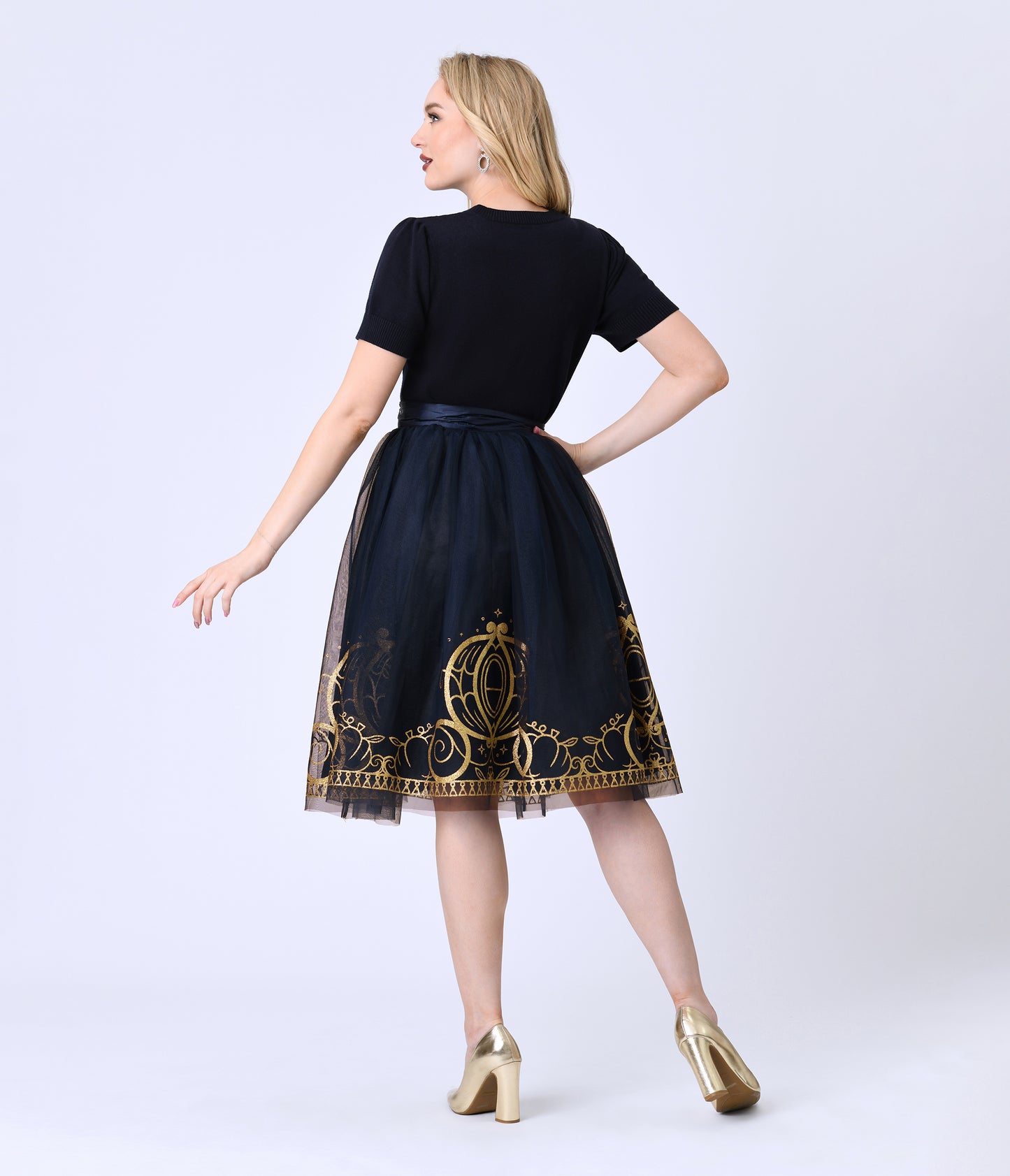 Disney's Cinderella Collection by Unique Vintage Navy Flocked Tulle & Gold Glitter Cinderella Carriage Ballerina Skirt