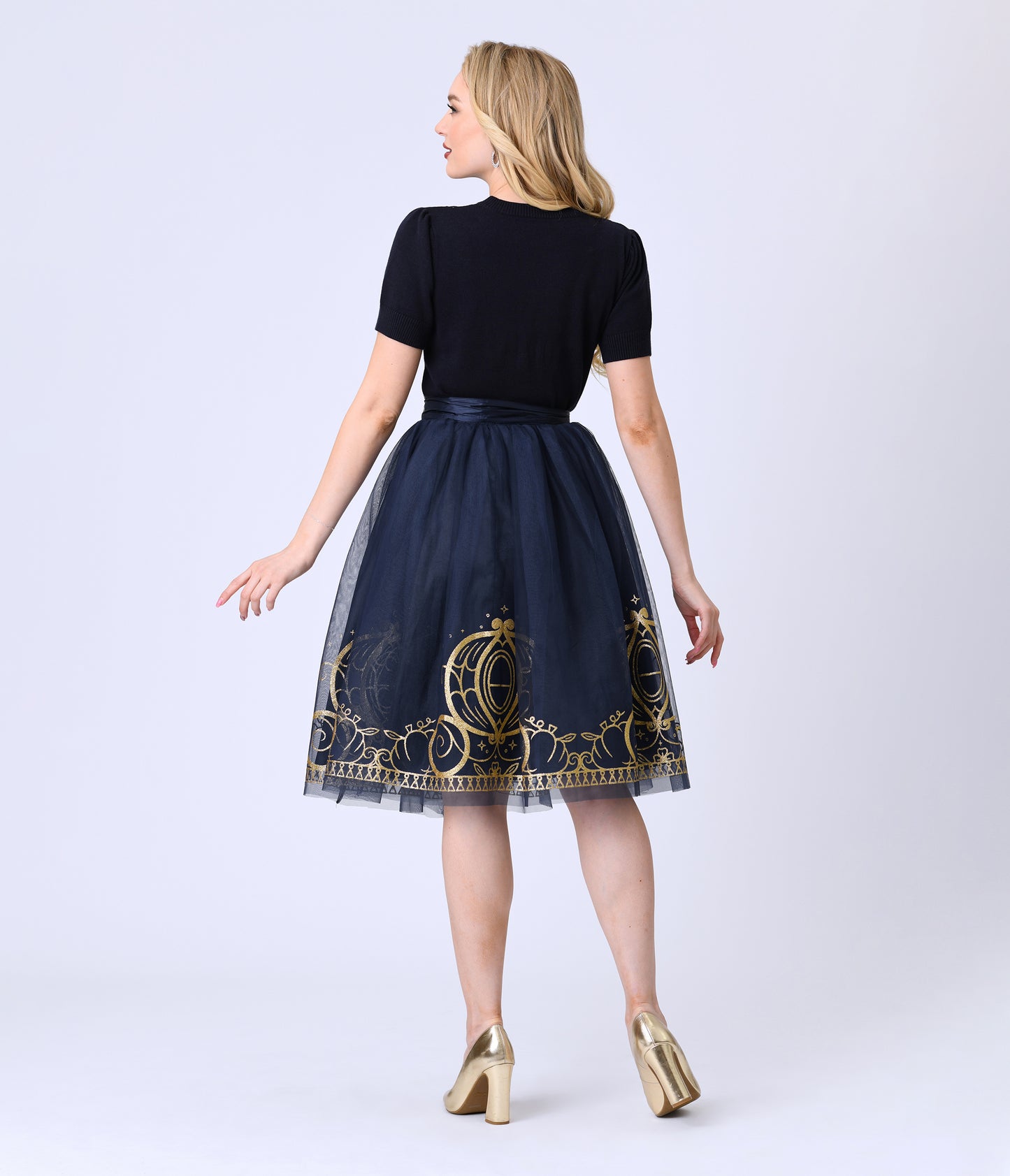 Disney's Cinderella Collection by Unique Vintage Navy Flocked Tulle & Gold Glitter Cinderella Carriage Ballerina Skirt