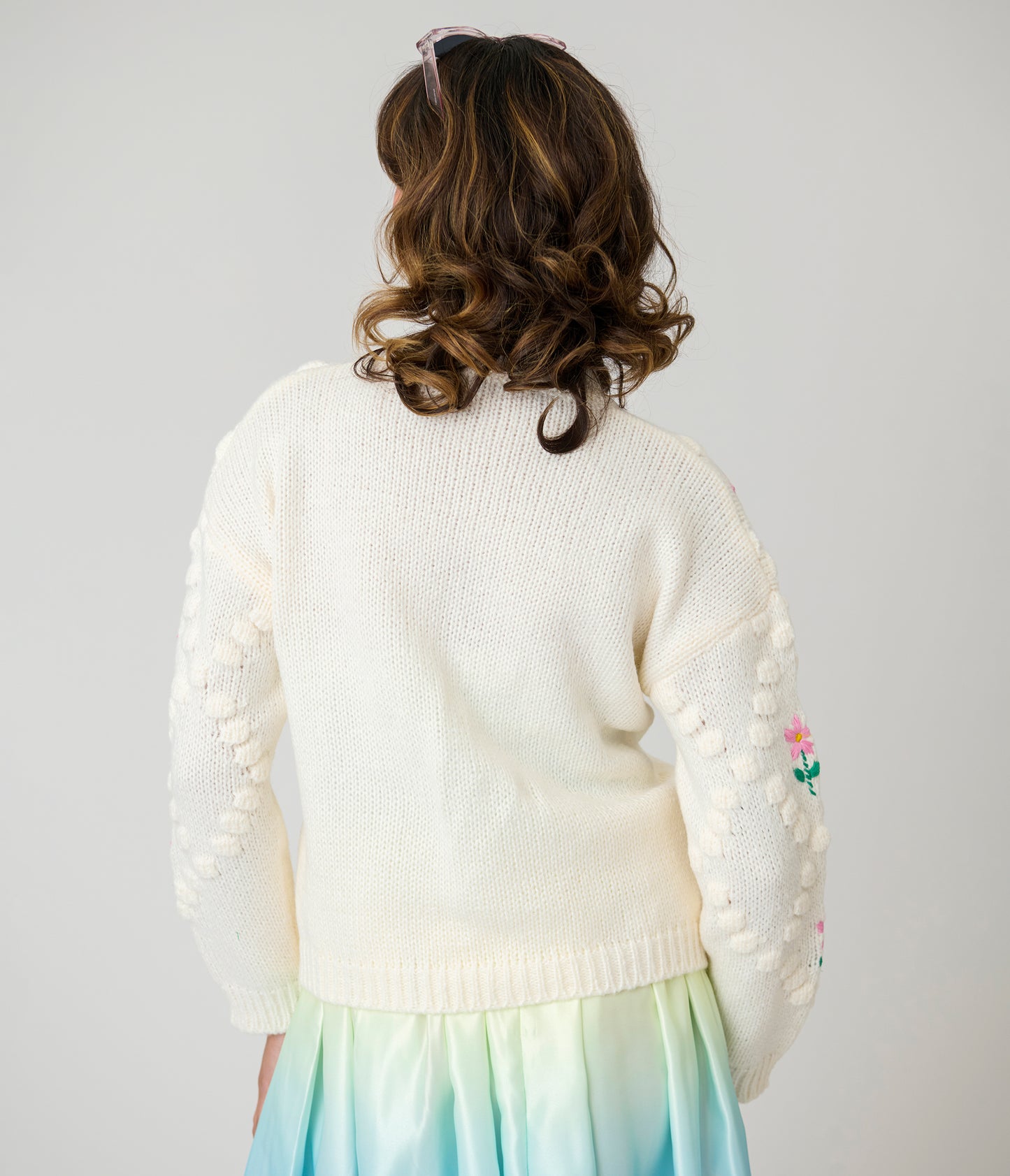 Ivory & Pink Floral Hand-Hooked Embroidered Knit Cardigan