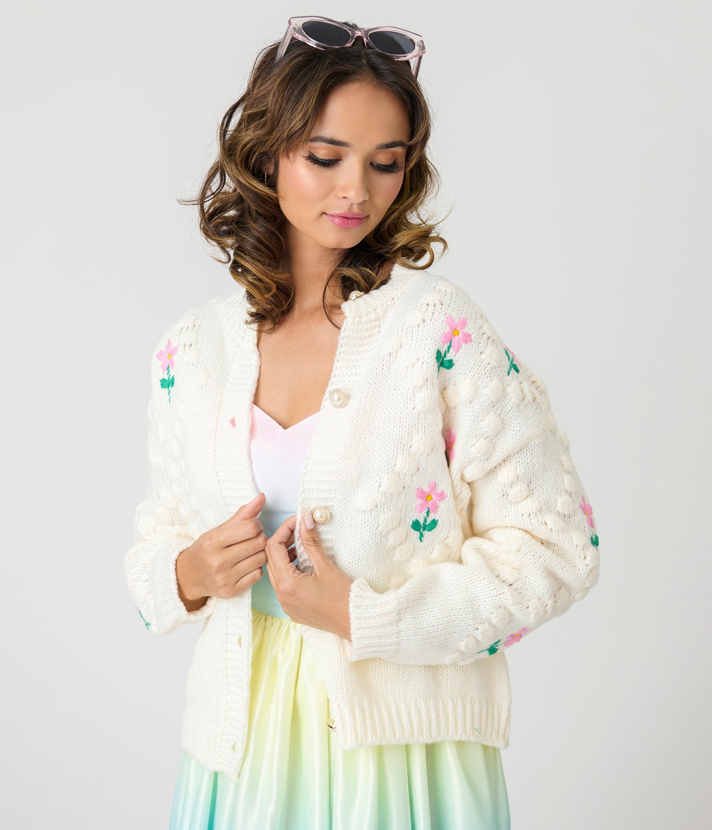Ivory & Pink Floral Hand-Hooked Embroidered Knit Cardigan