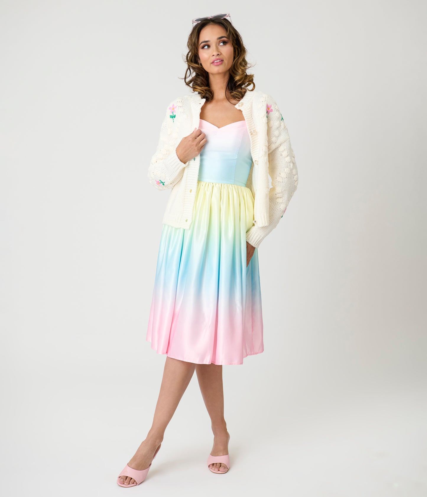 Ivory & Pink Floral Hand-Hooked Embroidered Knit Cardigan