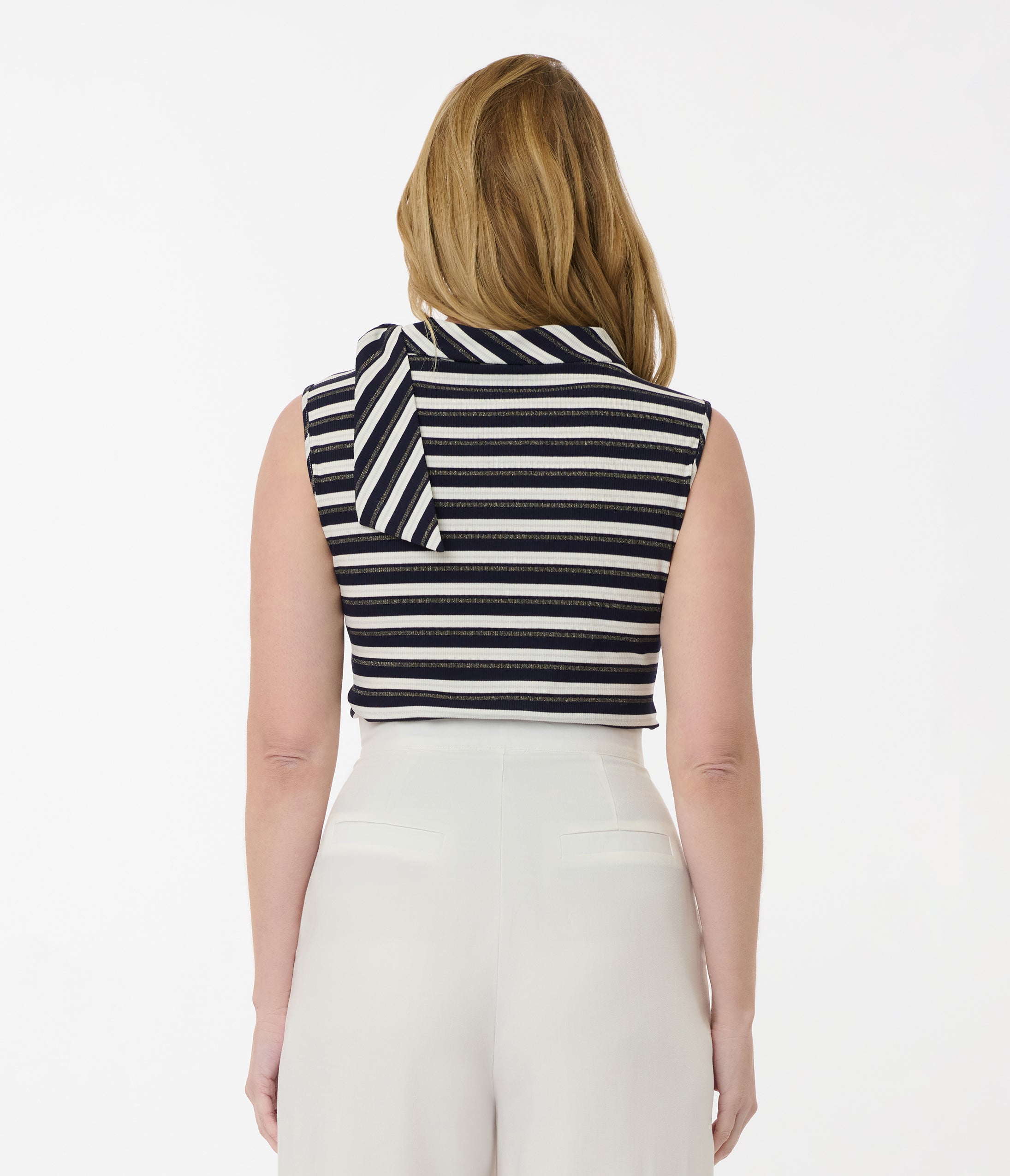 Smak Parlour Navy & Silver Stripe Cowl Neck Tie Blouse