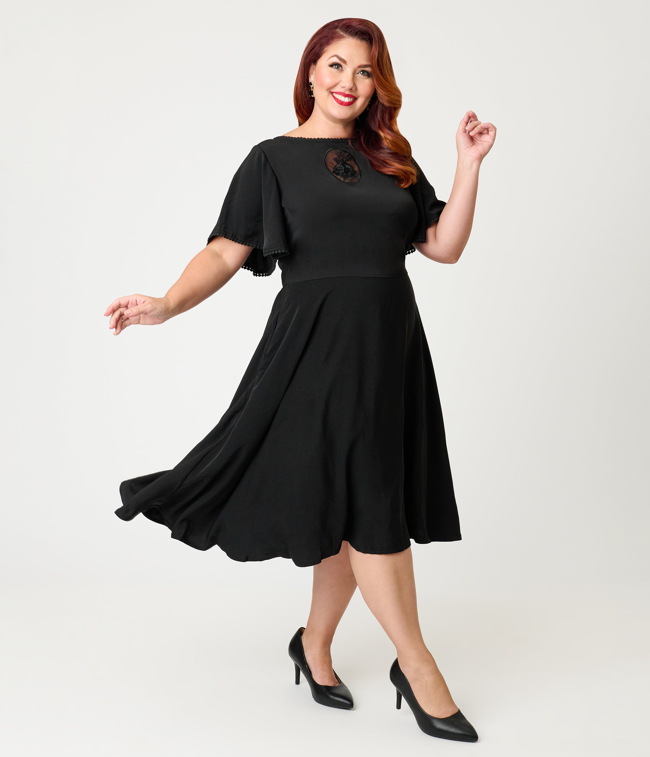 sachin and babi light blue dress Unique Vintage Plus Size Black Floral Mesh Cutout Swing Dress