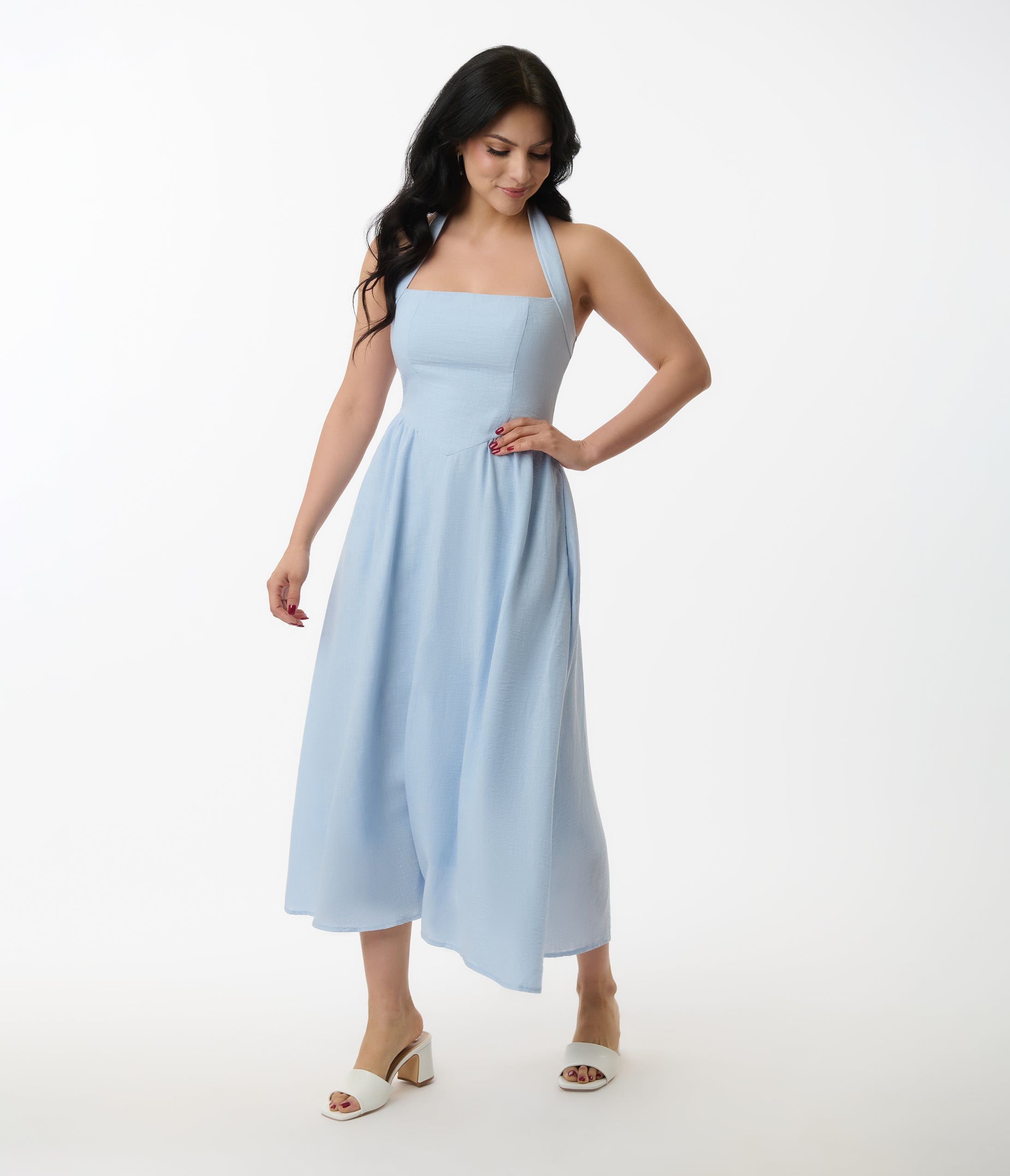 Sky Blue Halter A-Line Midi Dress