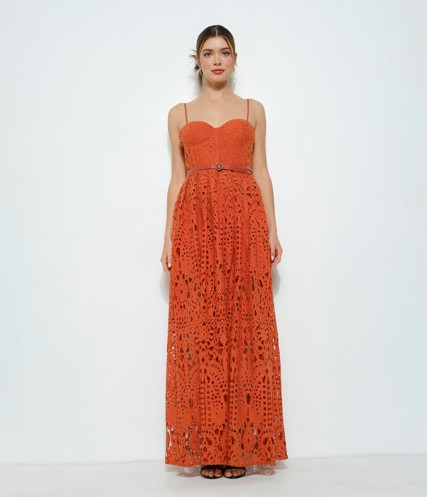Orange Brown Lace Belted Maxi Dress