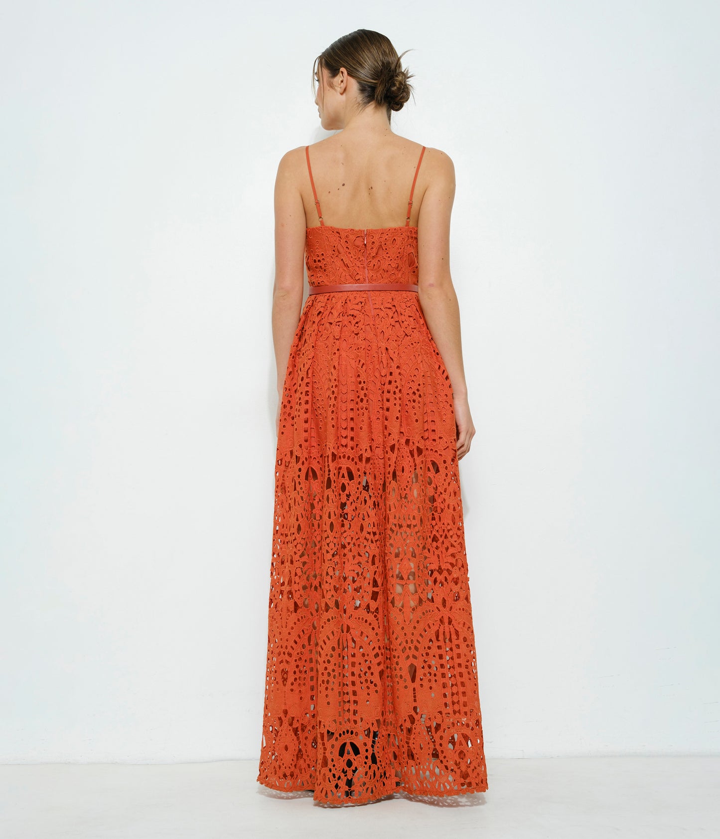 Orange Brown Lace Belted Maxi Dress