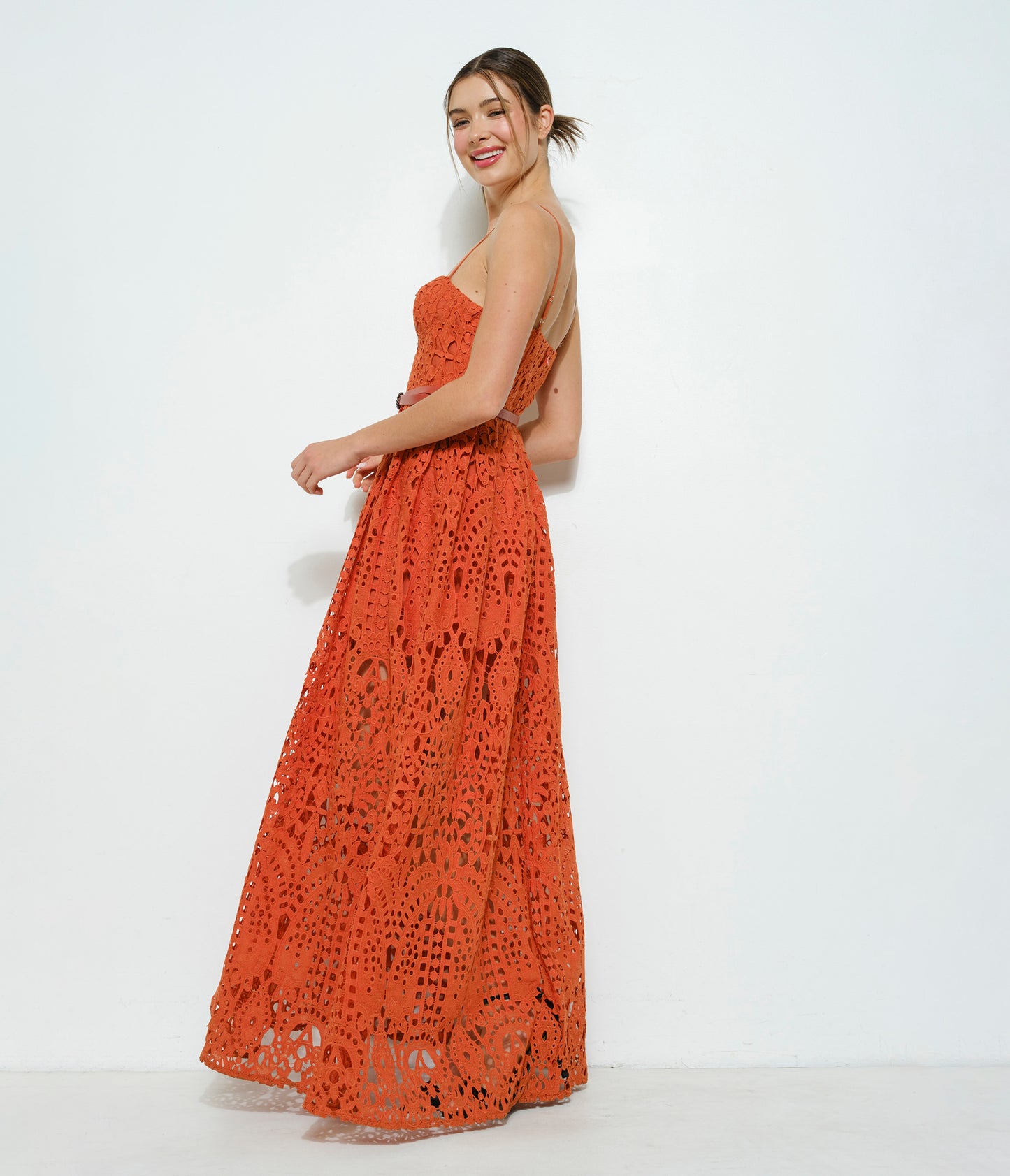 Orange Brown Lace Belted Maxi Dress