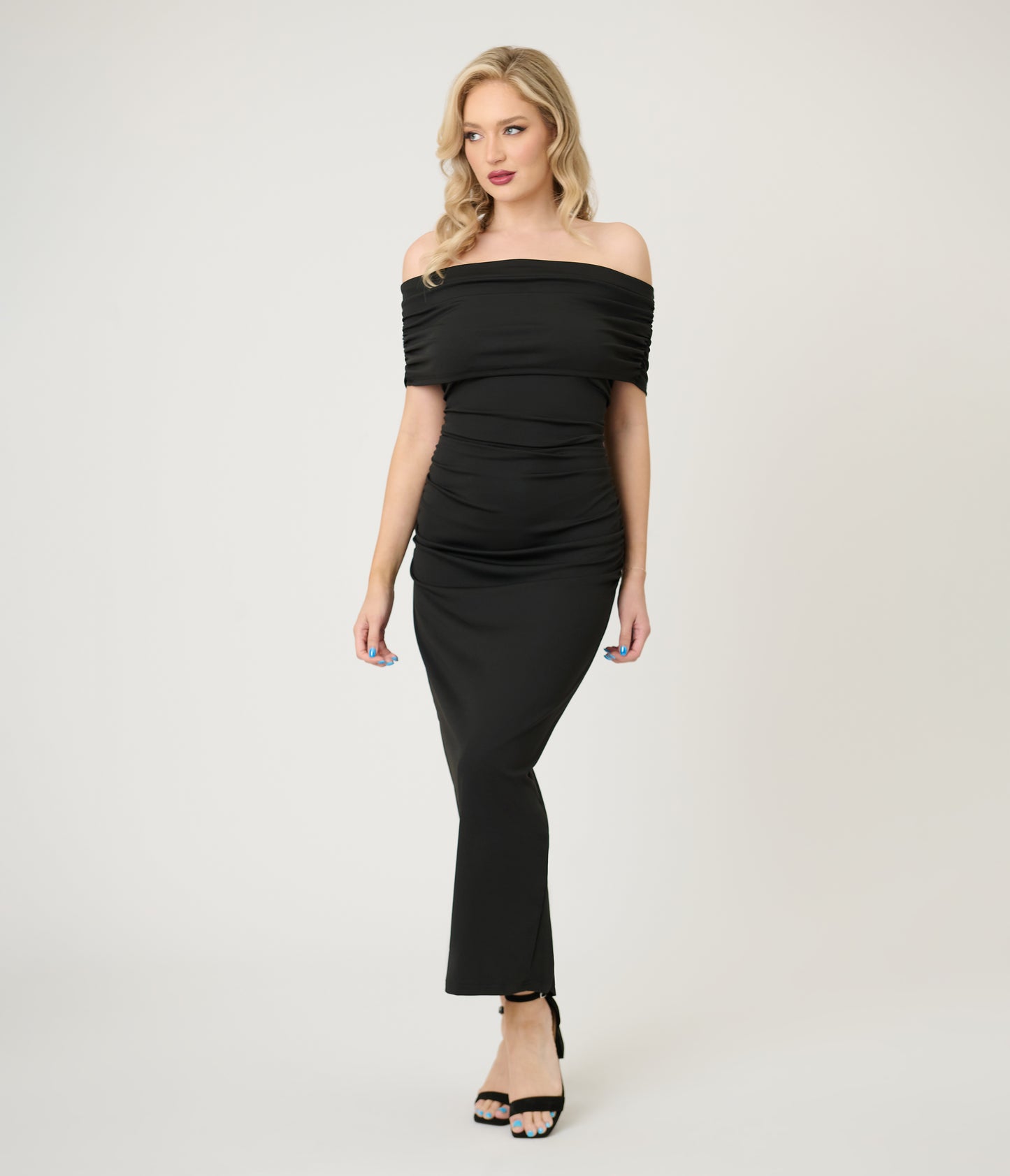 Black Spring Off The Shoulder Ruched Maxi Dress