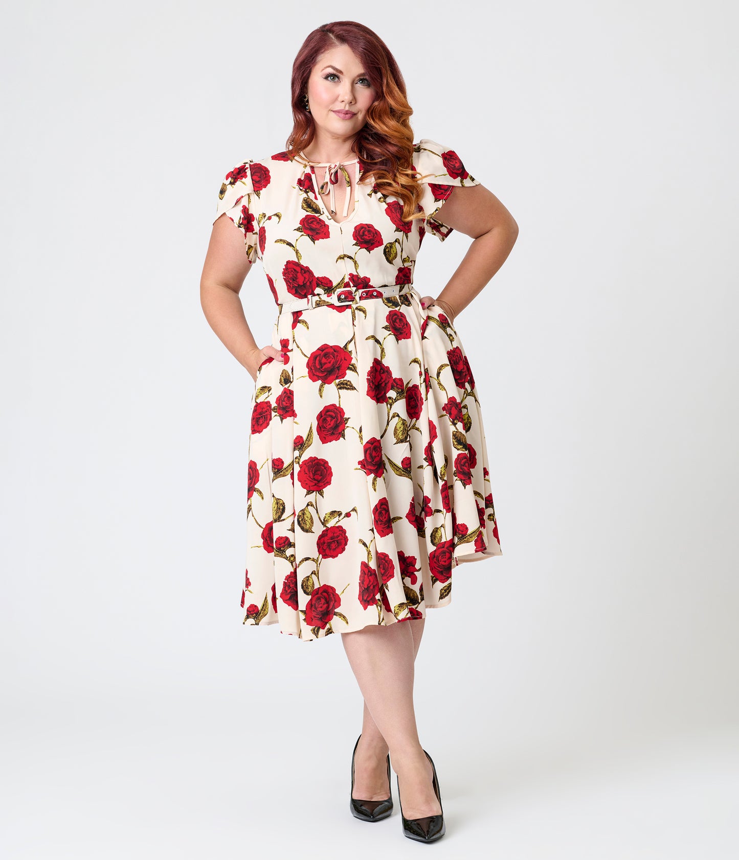 Unique Vintage Plus Size White & Red Rose Dahlia Swing Dress