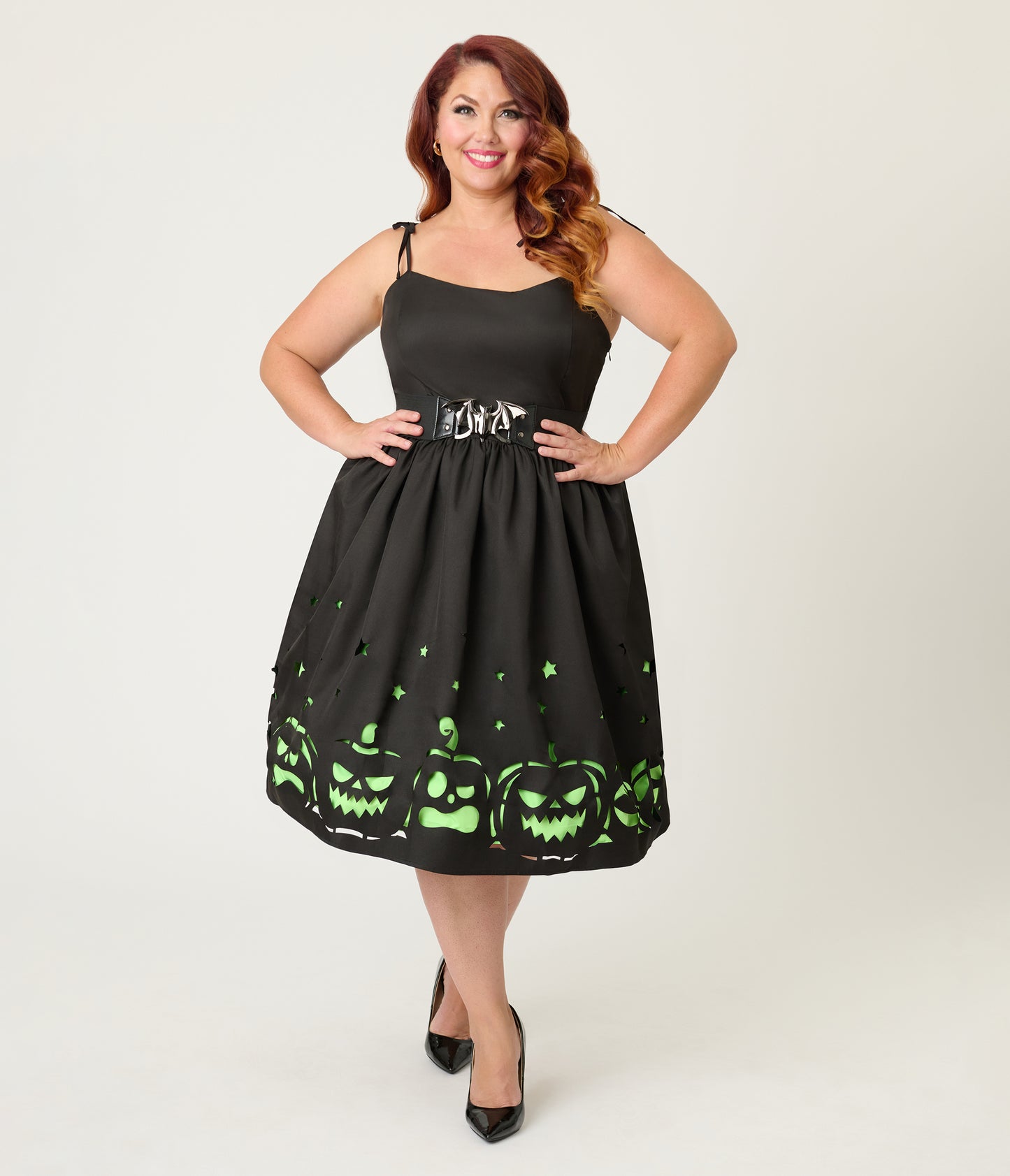 Unique Vintage Plus Size Black & Green Jack-O-Lantern Cutout Swing Dress
