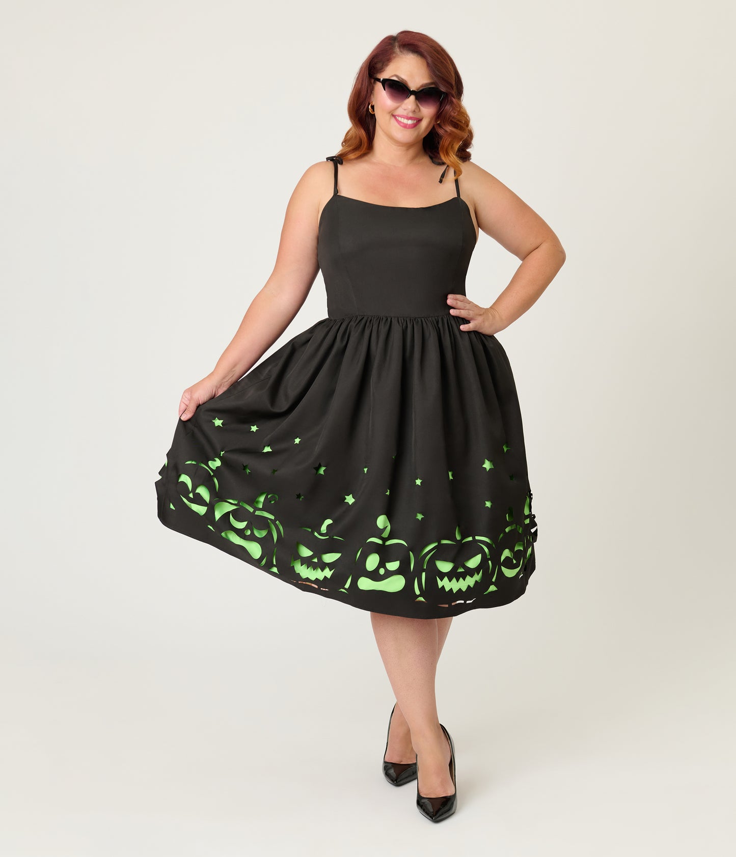 Unique Vintage Plus Size Black & Green Jack-O-Lantern Cutout Swing Dress