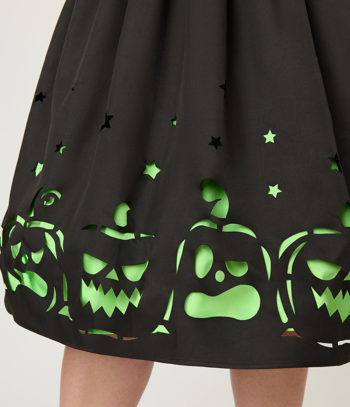 Unique Vintage Plus Size Black & Green Jack-O-Lantern Cutout Swing Dress