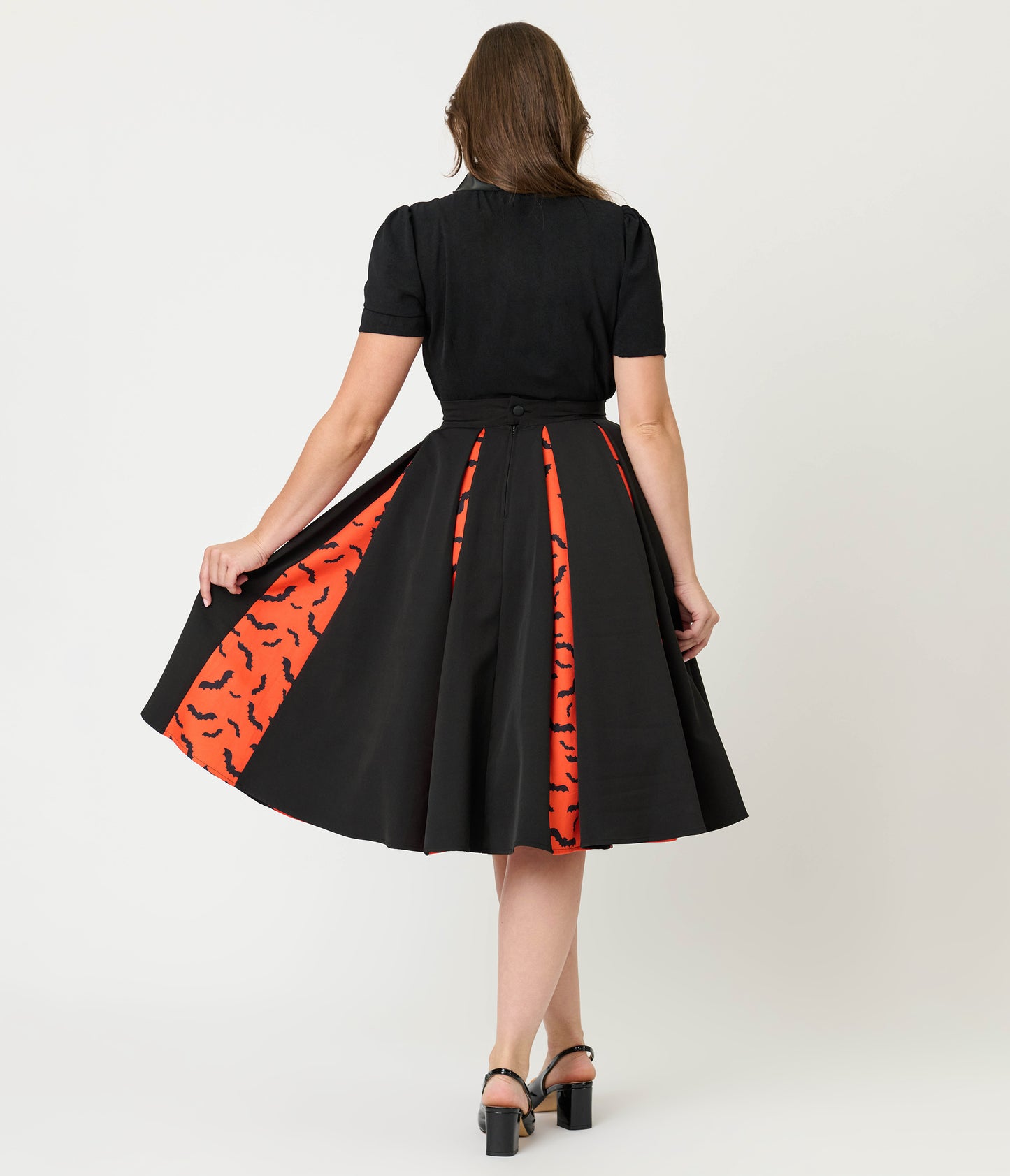 Unique Vintage Black & Orange Bats Pleated Swing Skirt