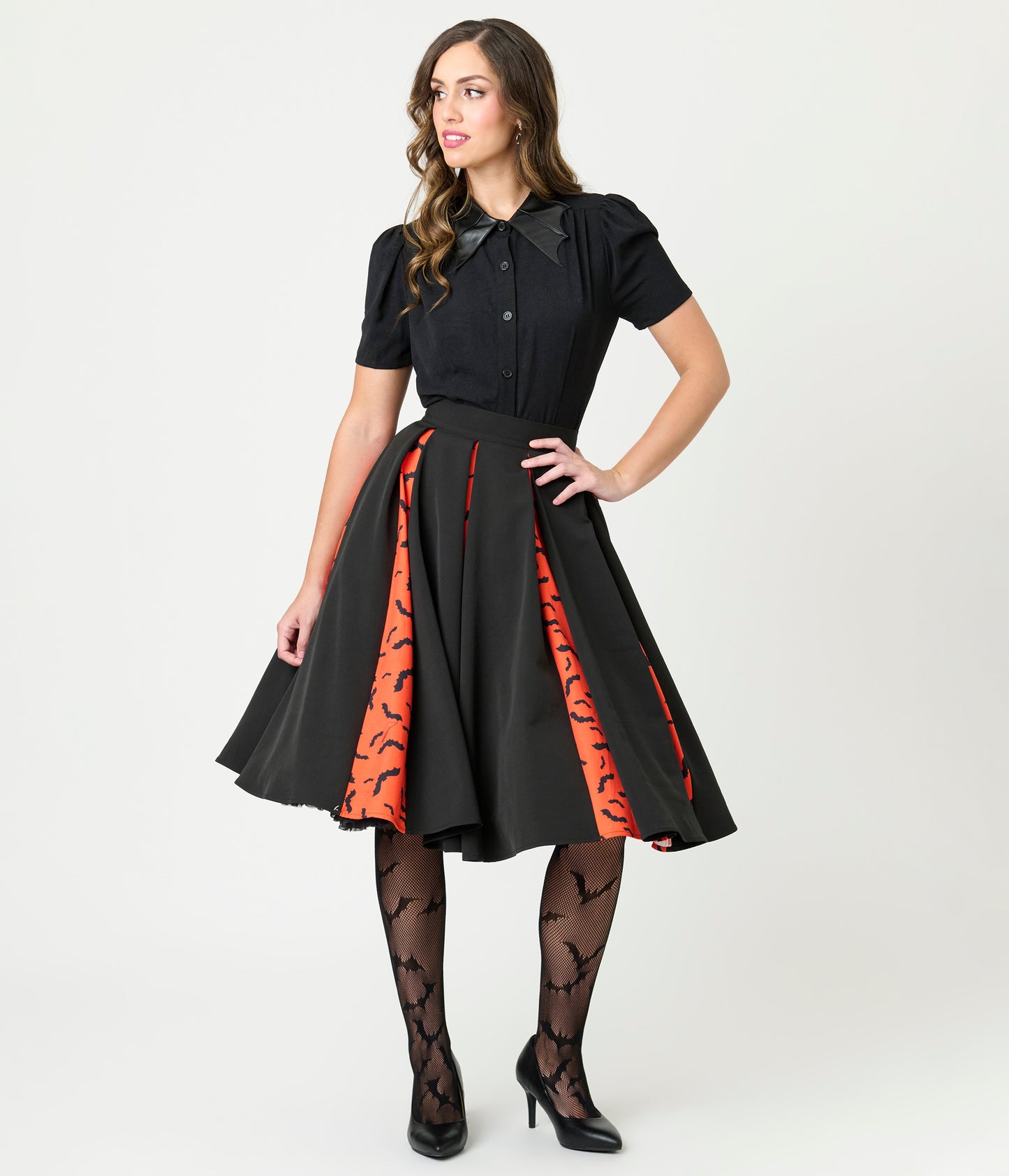 Unique Vintage Black & Orange Bats Pleated Swing Skirt