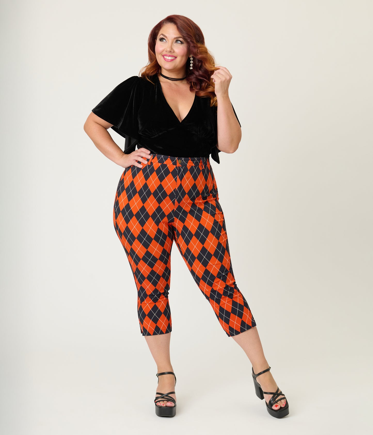 Unique Vintage Plus Size Black Velvet Flutter Sleeve Top