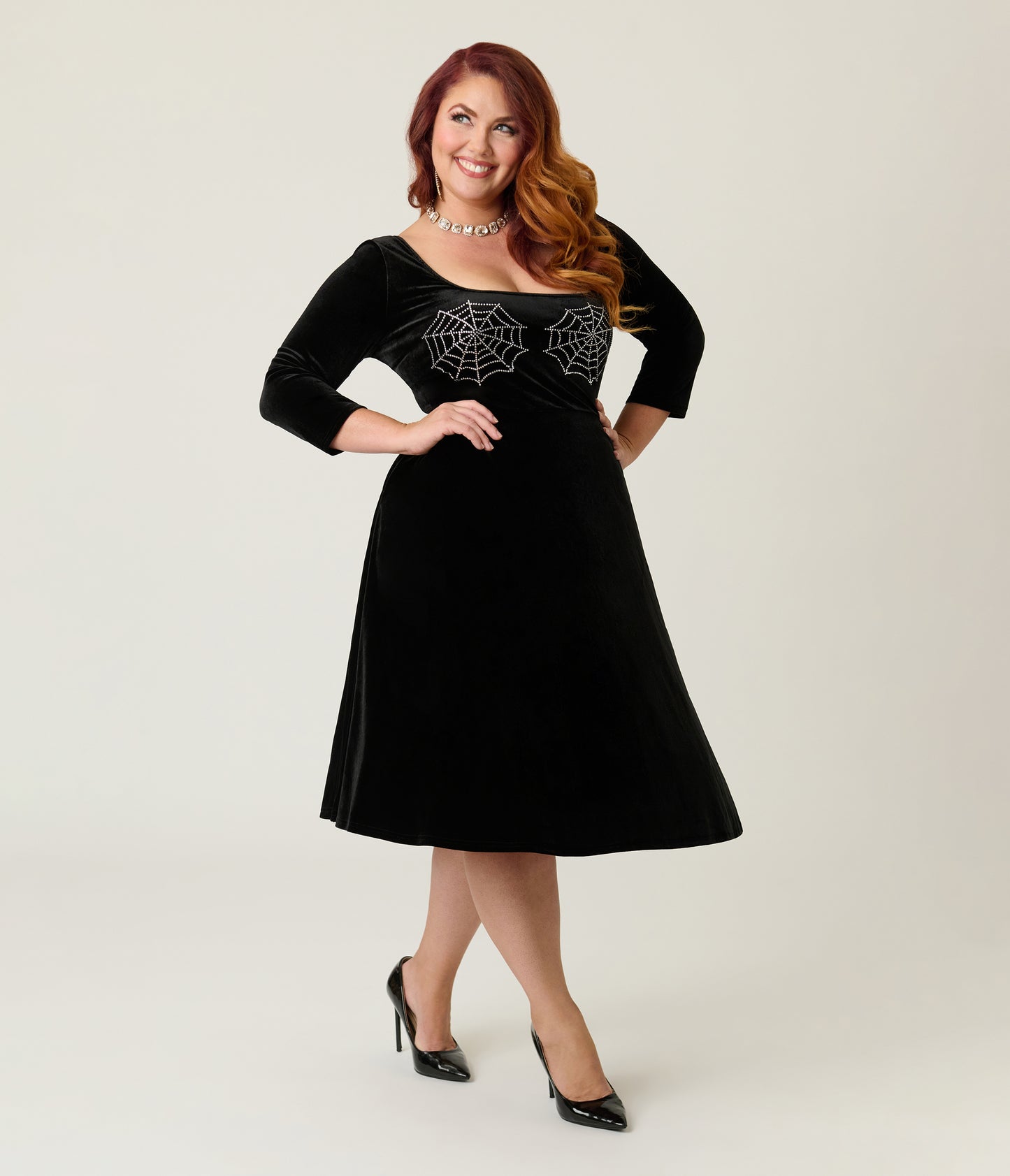 Unique Vintage Plus Size Black Spiderweb Square Neck Swing Dress