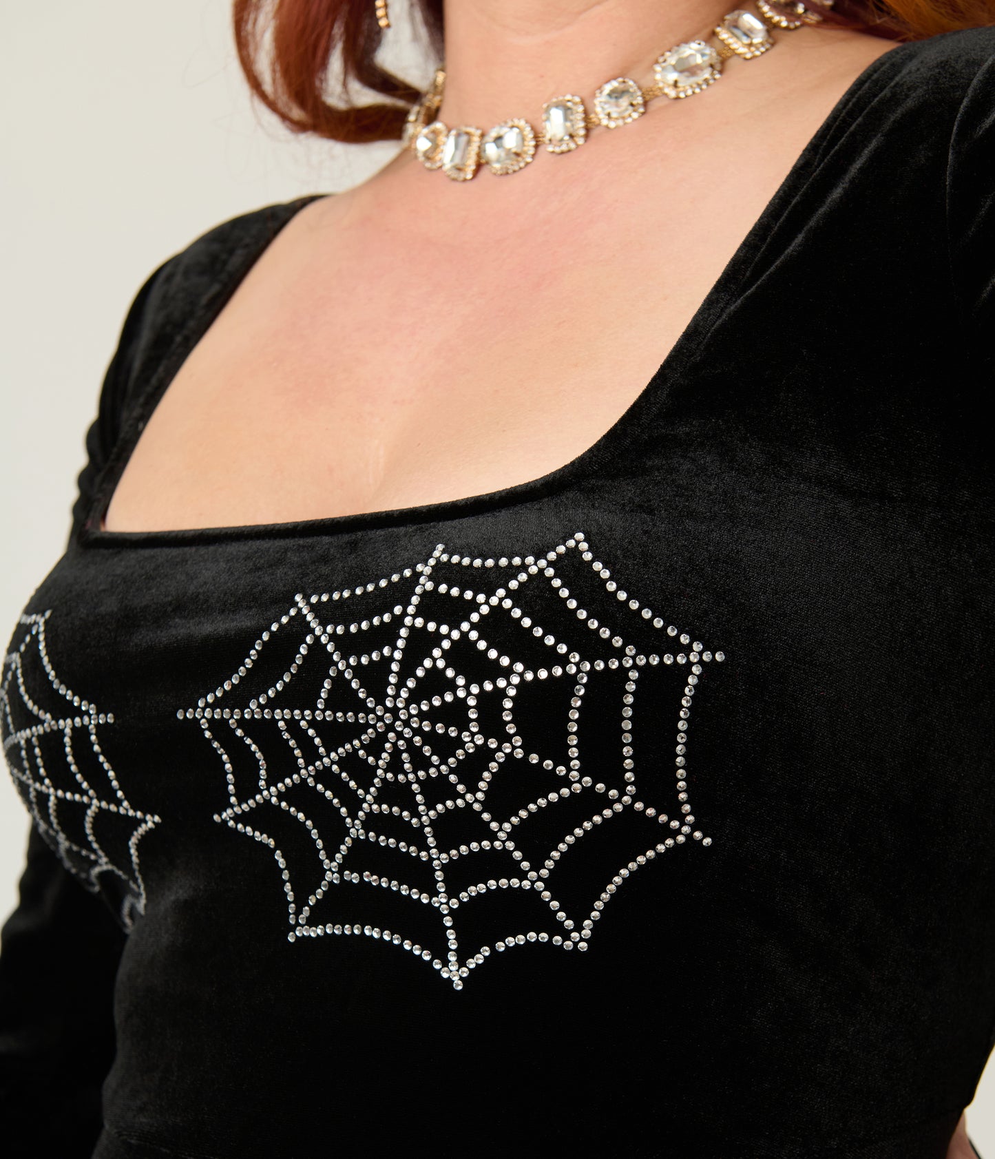 Unique Vintage Plus Size Black Spiderweb Square Neck Swing Dress