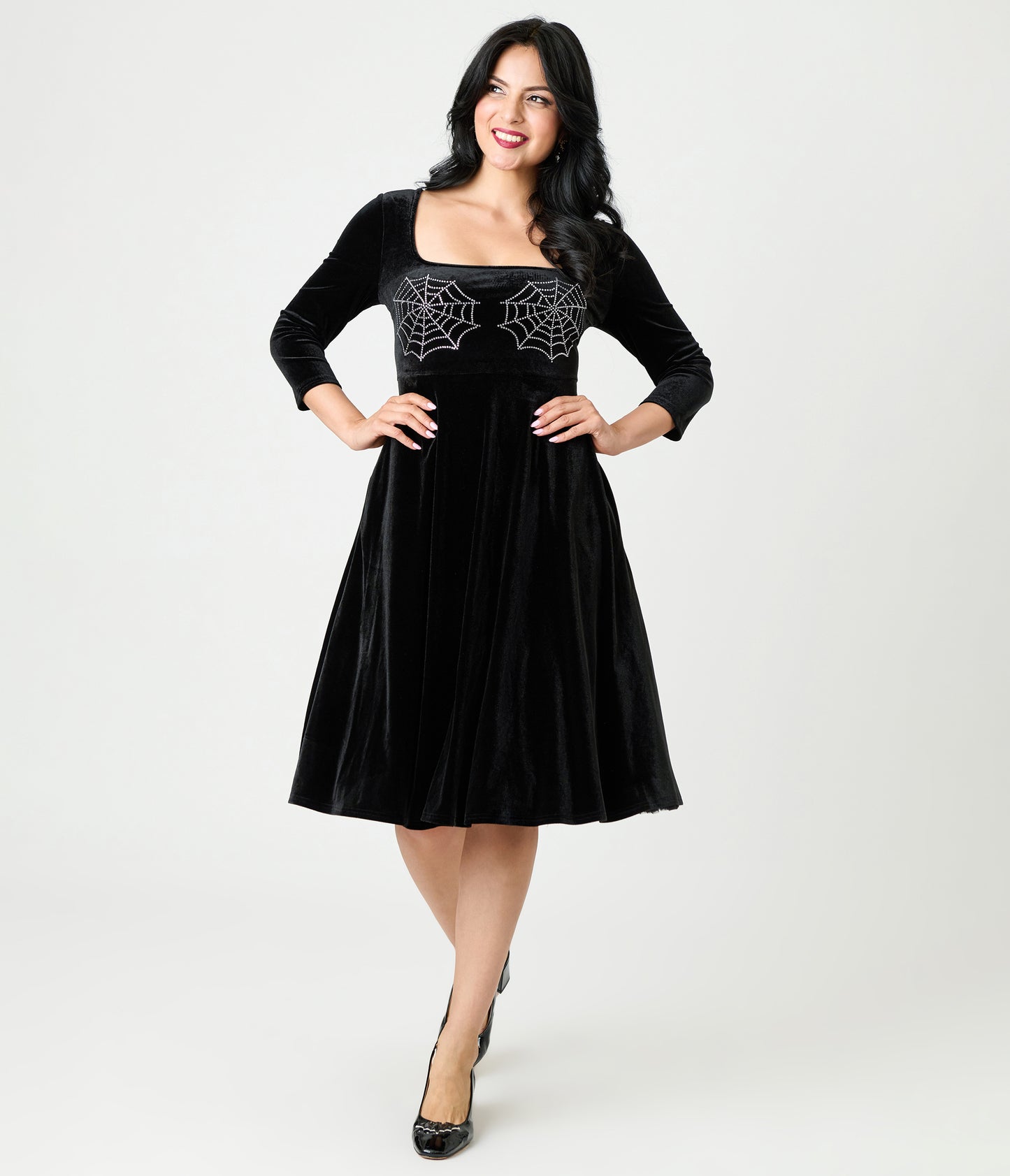 Unique Vintage Black Spiderweb Square Neck Swing Dress