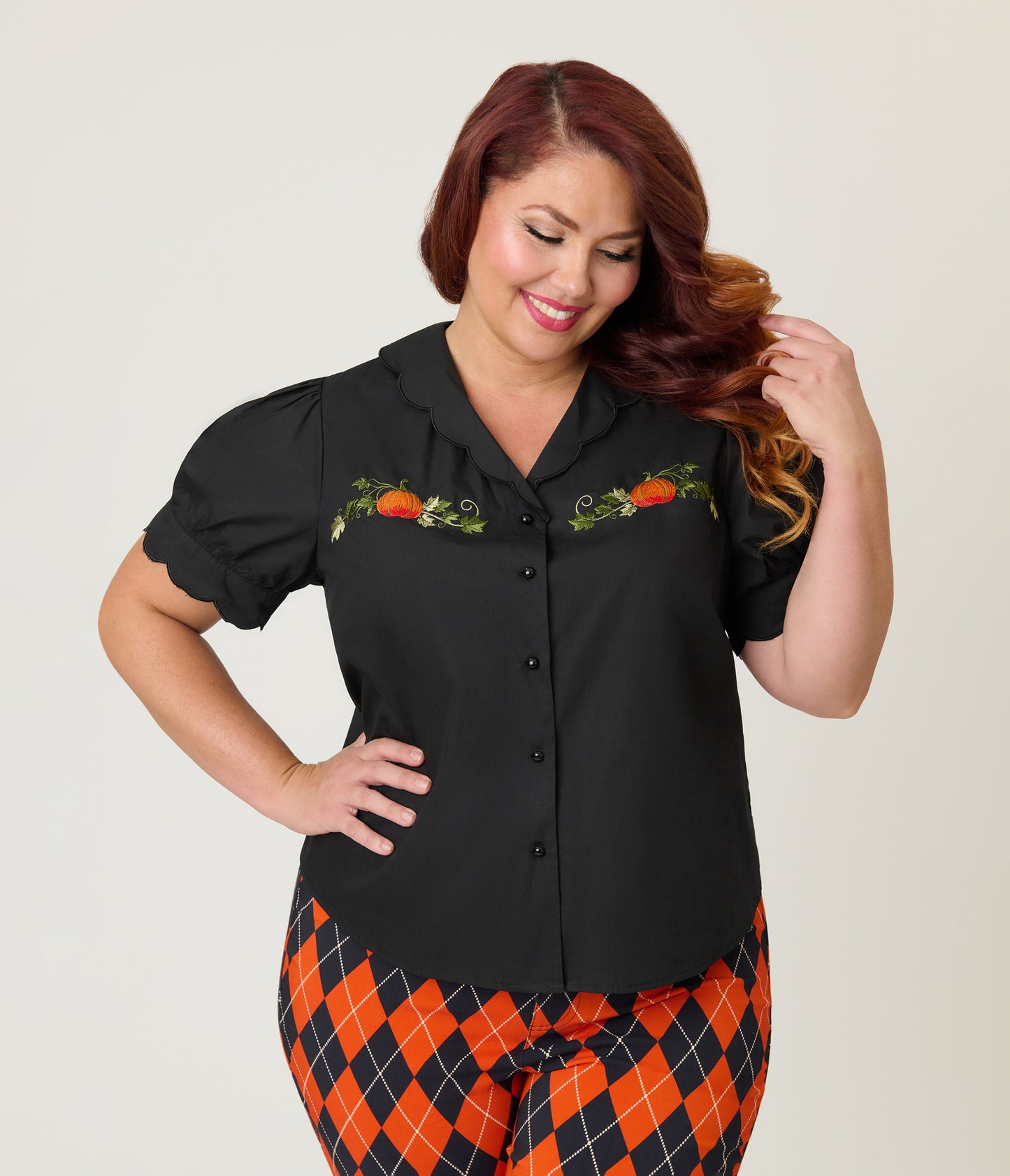 Smak Parlour Plus Size Black & Pumpkin Embroidery Puff Sleeve Top