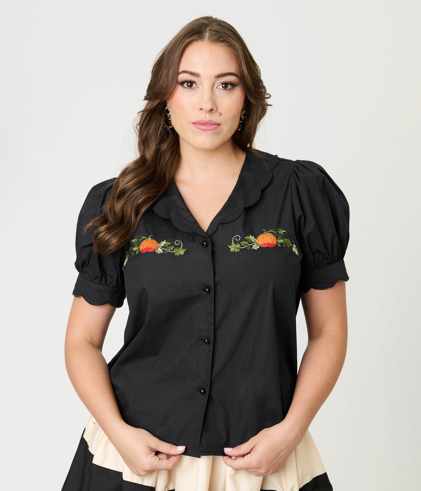 Smak Parlour Black & Pumpkin Embroidery Puff Sleeve Top