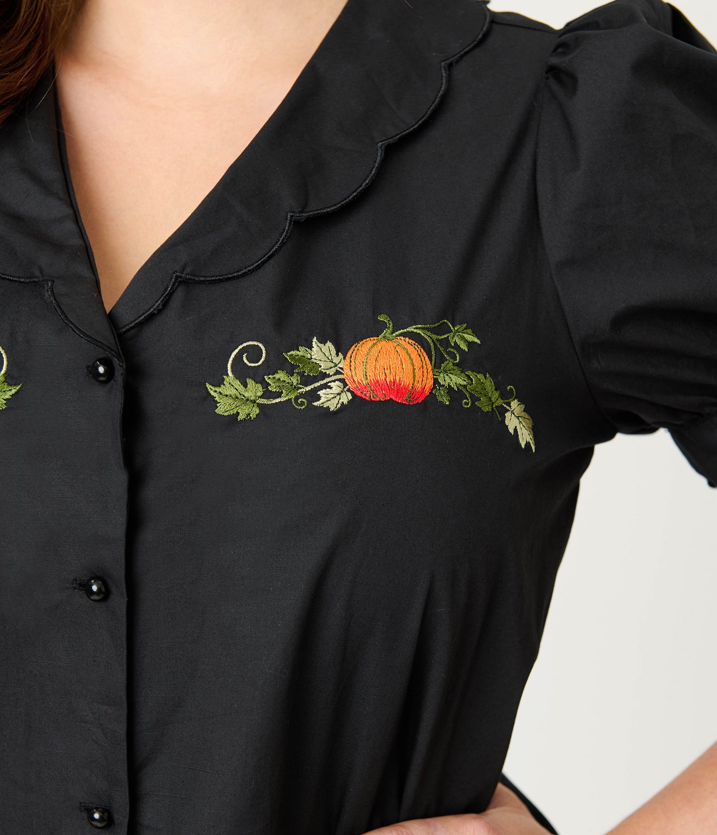 Smak Parlour Black & Pumpkin Embroidery Puff Sleeve Top