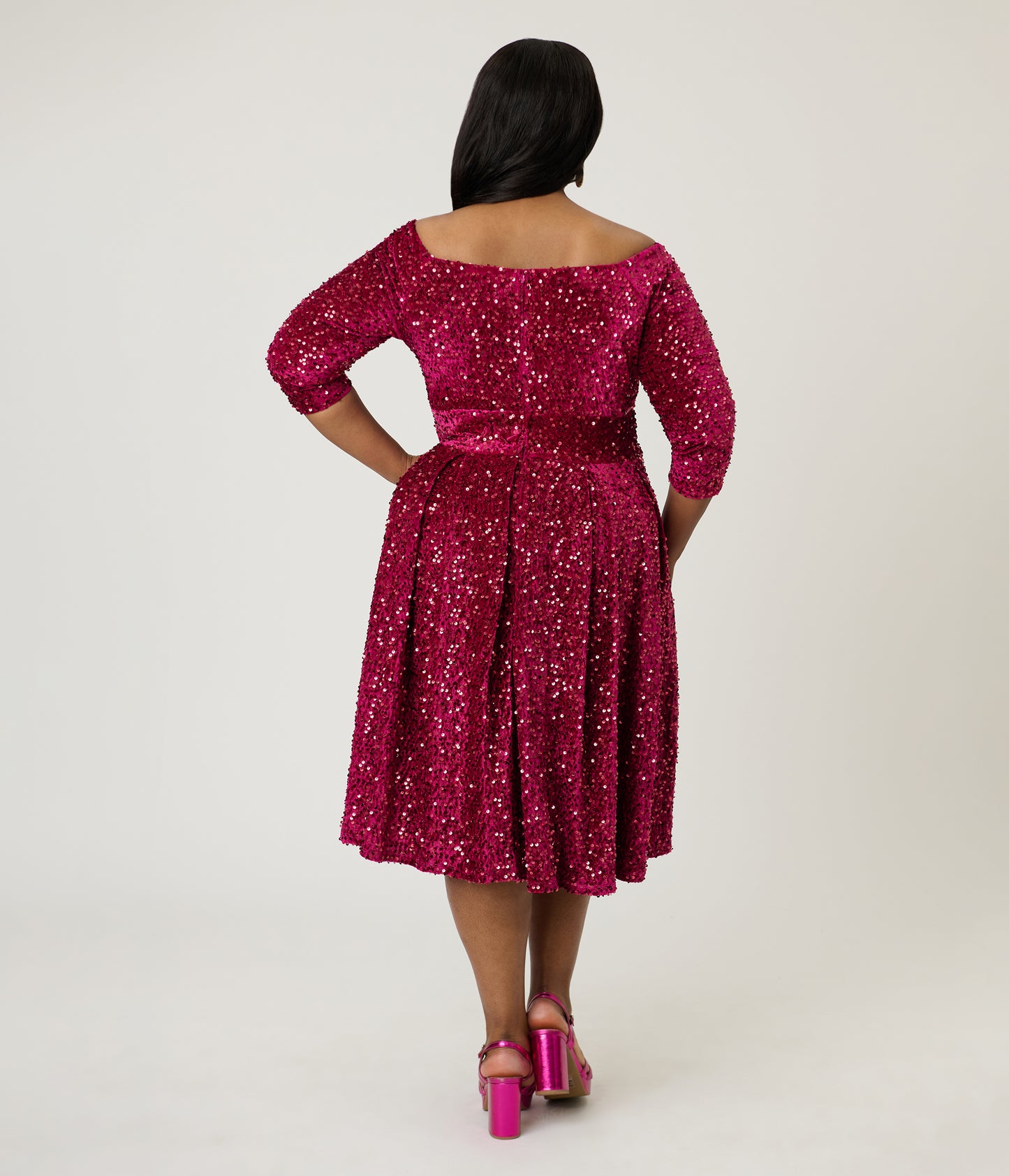 Unique Vintage Plus Size Burgundy Velvet Sequin Marceline Swing Dress