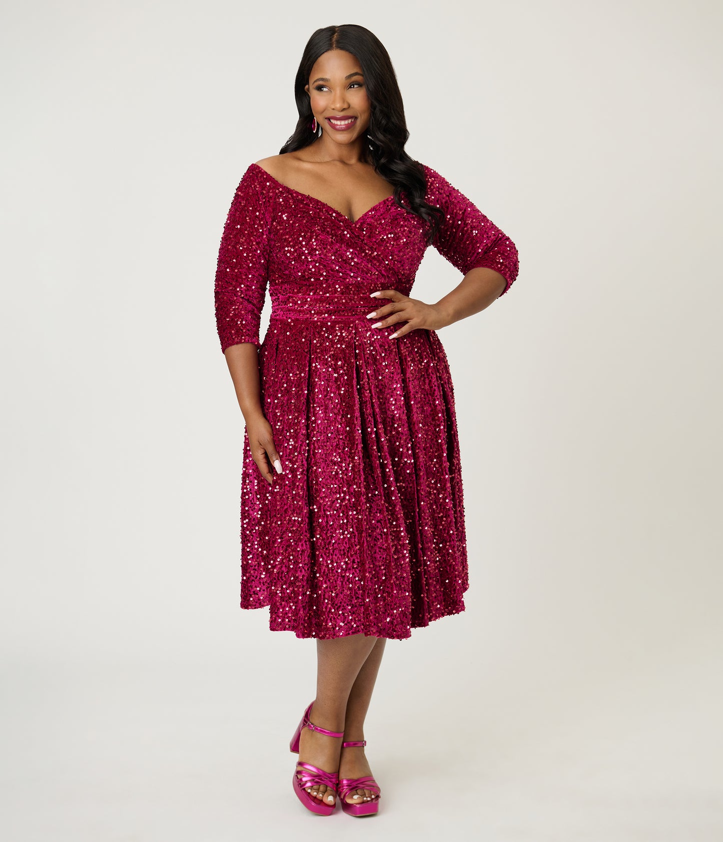 Unique Vintage Plus Size Burgundy Velvet Sequin Marceline Swing Dress
