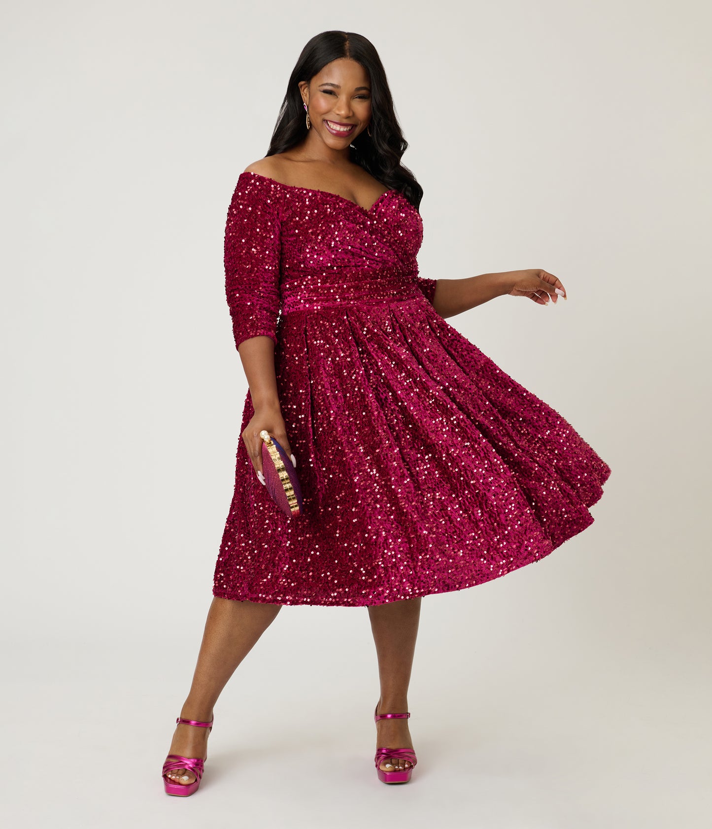 Unique Vintage Plus Size Burgundy Velvet Sequin Marceline Swing Dress