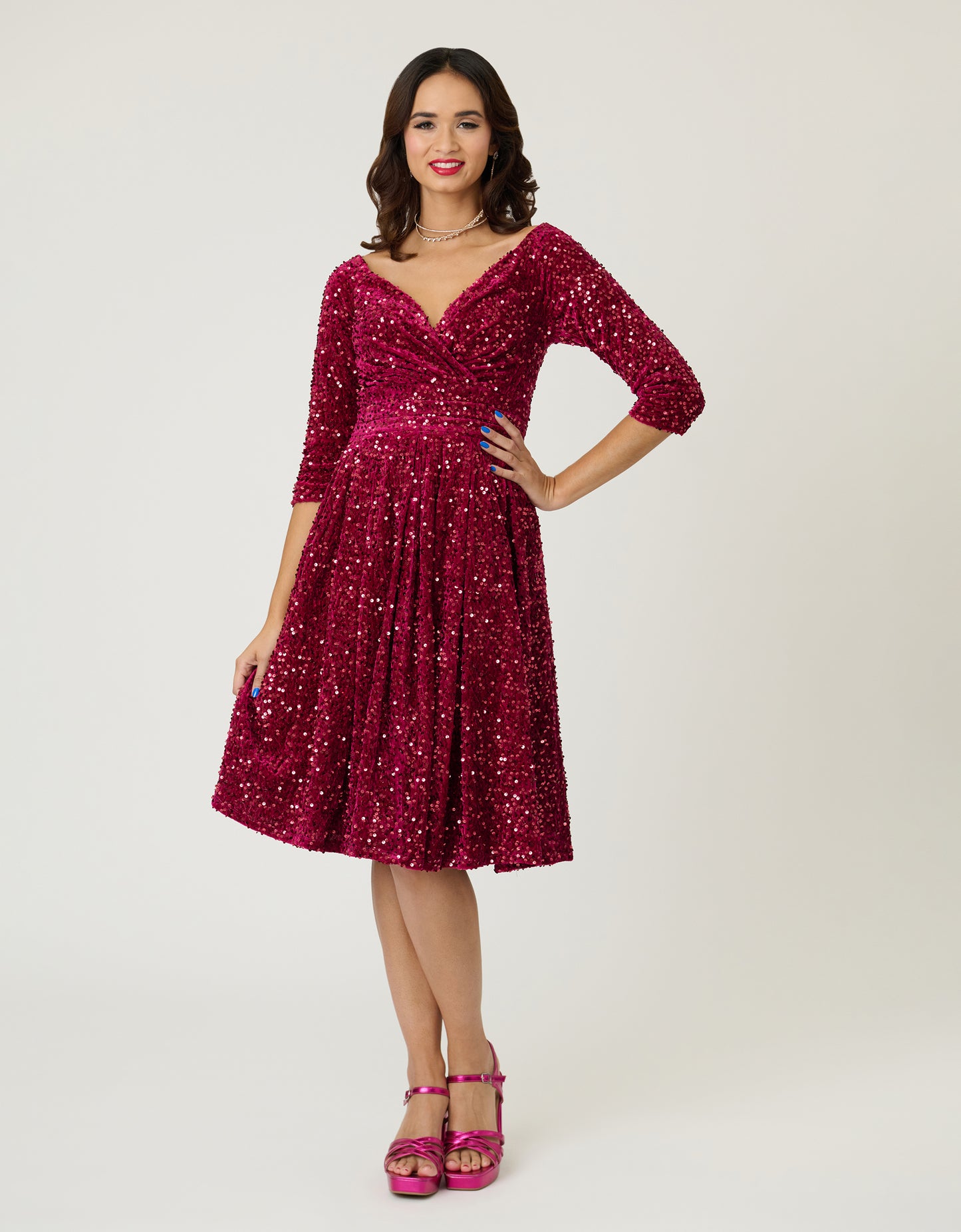 Unique Vintage Burgundy Velvet Sequin Marceline Swing Dress
